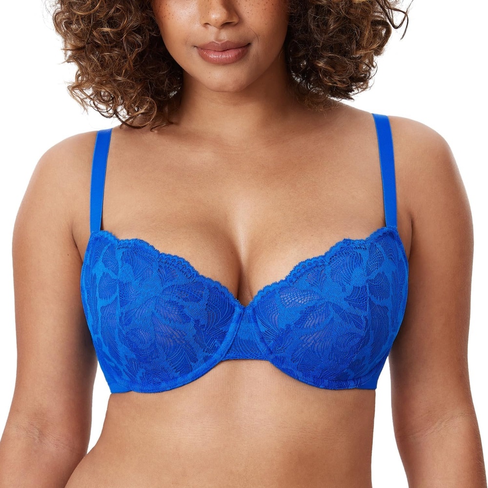 image:imageDELIMIRA Womens Balconette Bra Plus Size Lace Sexy Underwire Unlined Push Up See Through BrasSparkle Blue