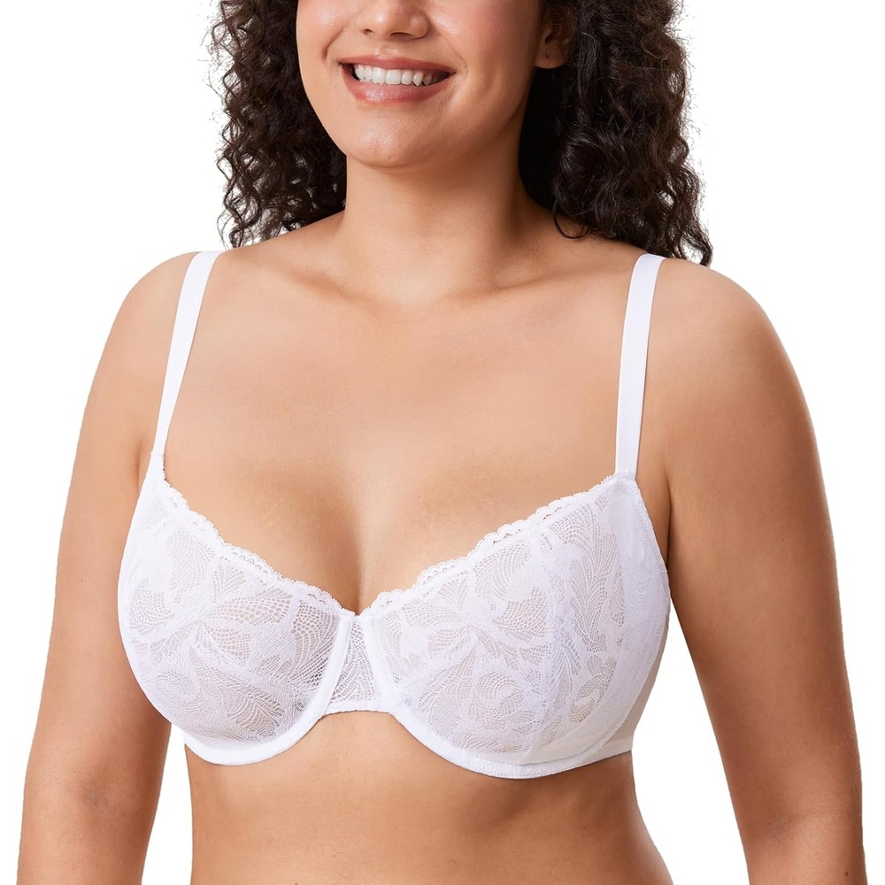 image:imageDELIMIRA Womens Balconette Bra Plus Size Lace Sexy Underwire Unlined Push Up See Through BrasWhite
