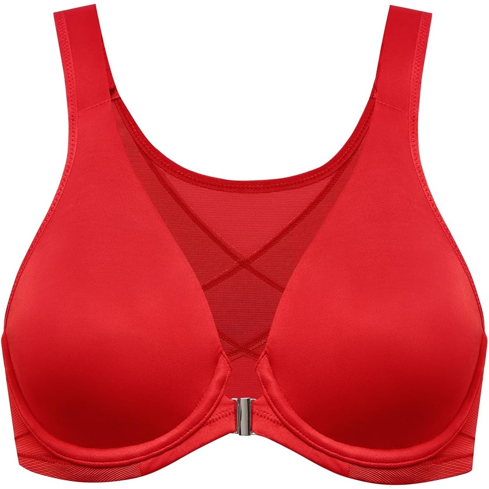 image:imageDELIMIRA Womens Front Closure Bras Posture Full Coverage Plus Size Underwire Unlined Back Support Plunge Seamless Bra BHLipstick Red