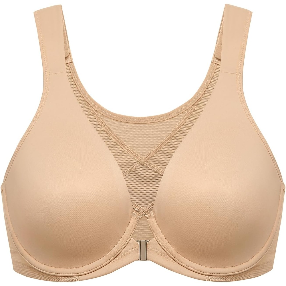 image:imageDELIMIRA Womens Front Closure Bras Posture Full Coverage Plus Size Underwire Unlined Back Support Plunge Seamless Bra BHWarm Beige