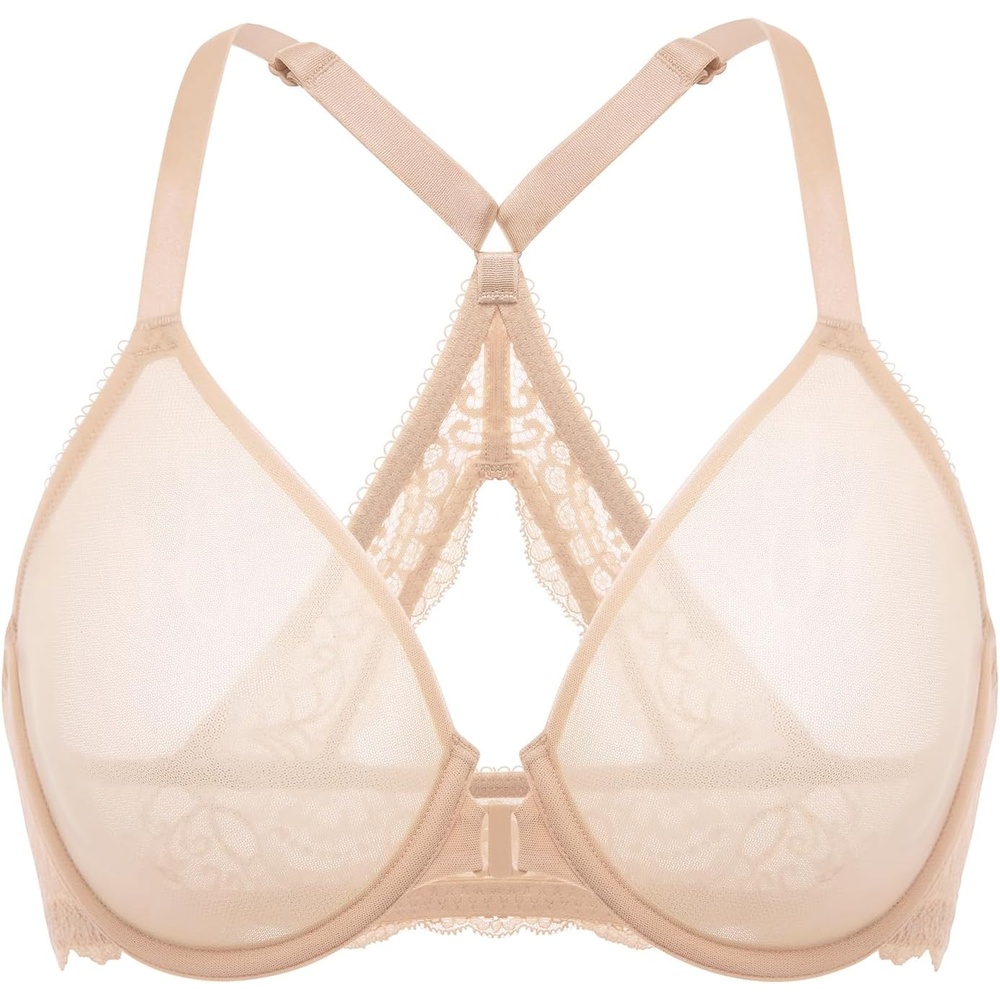 image:imageDELIMIRA Womens Front Closure Bras Racerback Sheer See Through Full Coverage Plus Size Underwire Unlined BraBeige