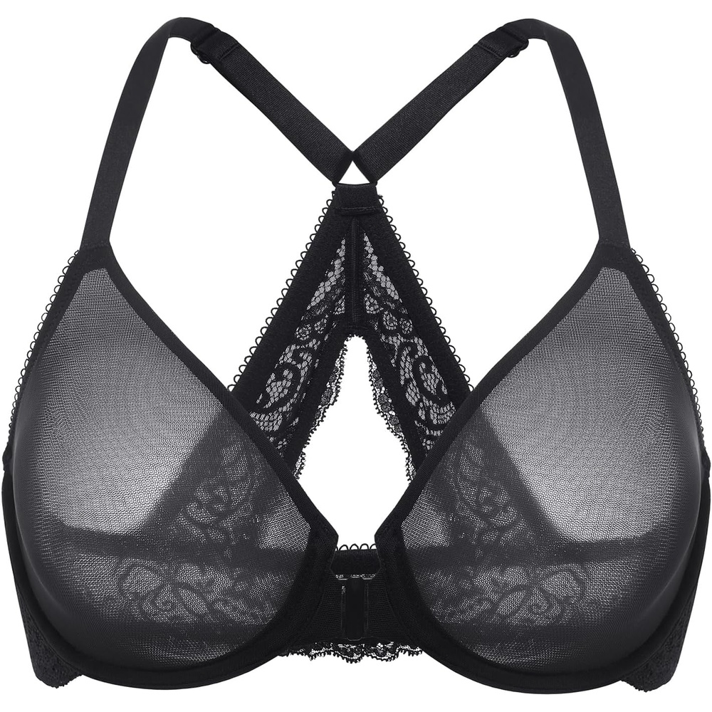 image:imageDELIMIRA Womens Front Closure Bras Racerback Sheer See Through Full Coverage Plus Size Underwire Unlined BraBlack