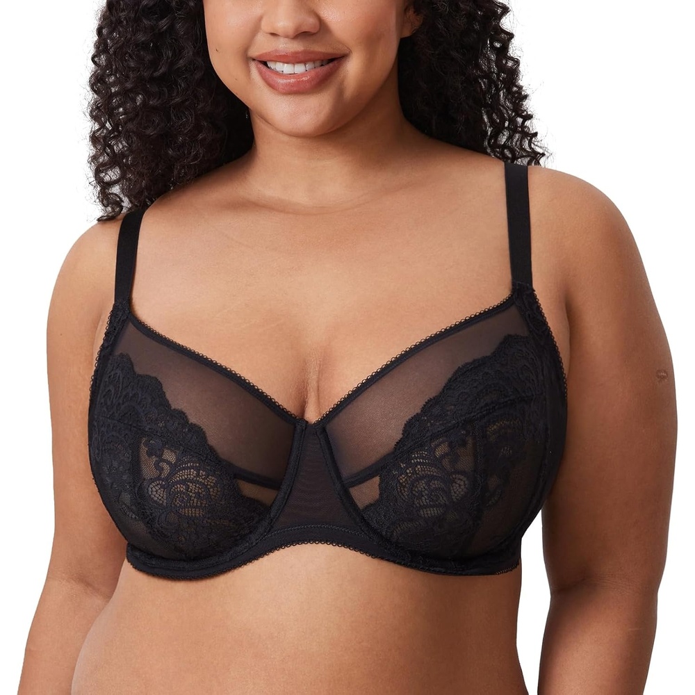 image:imageDELIMIRA Womens Lace Bra Plus Size Full Coverage Underwire Sexy Unlined BrasBlack