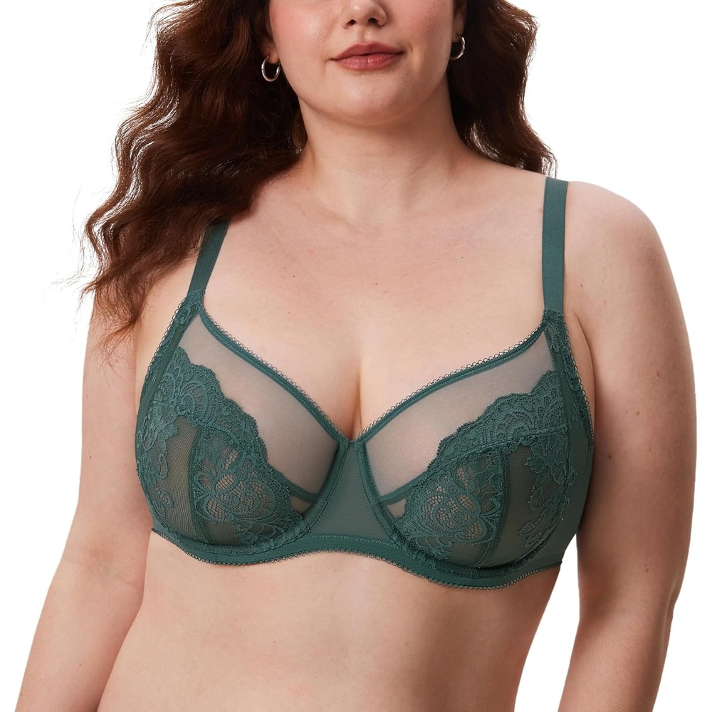 image:imageDELIMIRA Womens Lace Bra Plus Size Full Coverage Underwire Sexy Unlined BrasMidnight Emerald