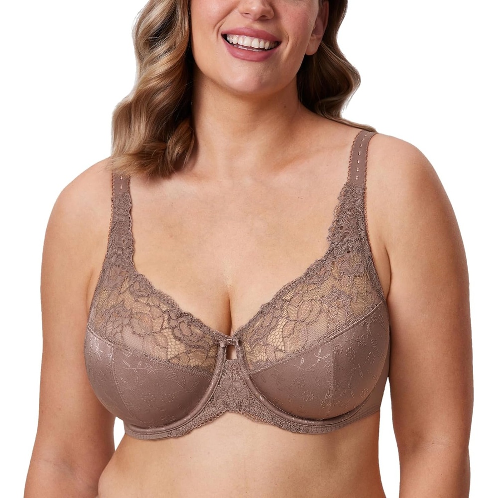 image:imageDELIMIRA Womens Plus Size Full Coverage Underwire Unlined Minimizer Lace BraBrown Purple