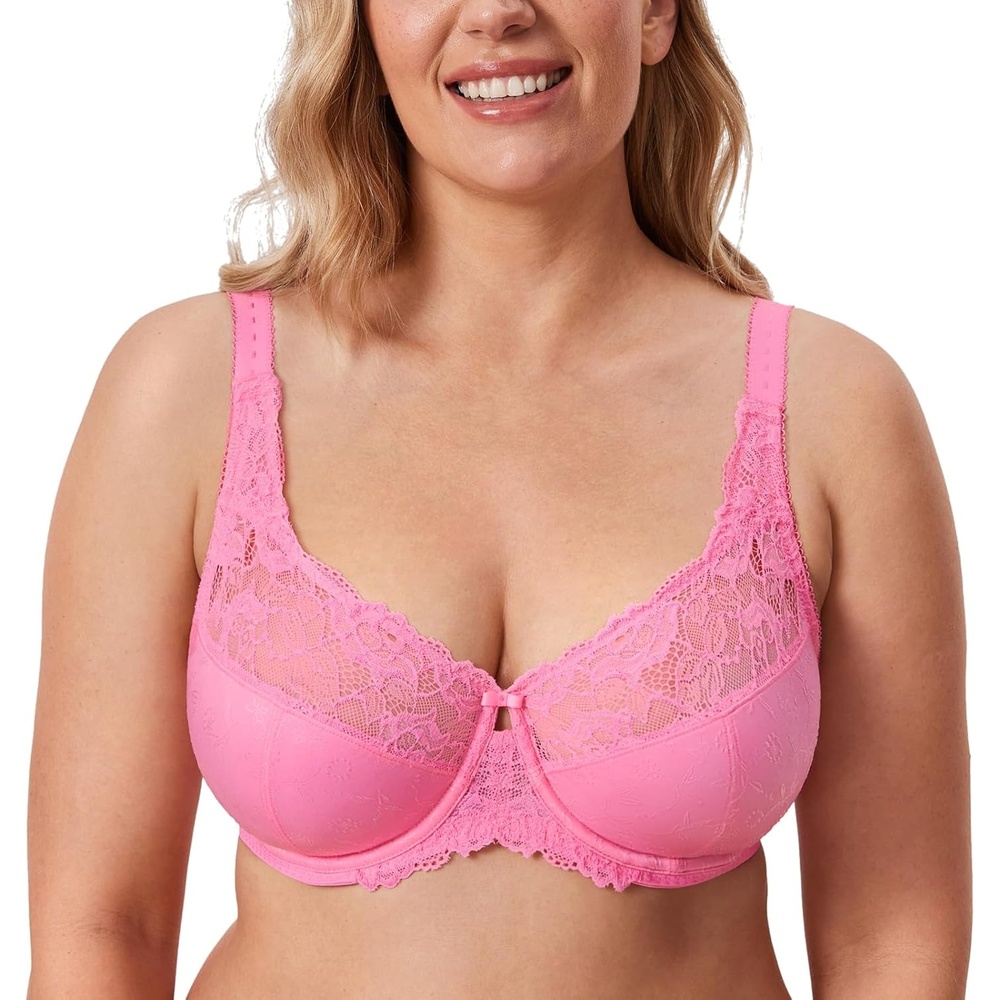 image:imageDELIMIRA Womens Plus Size Full Coverage Underwire Unlined Minimizer Lace BraCrabapple Pink