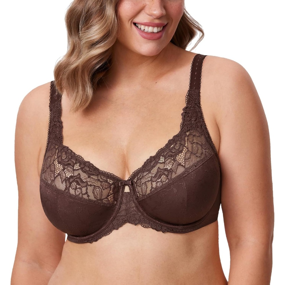 image:imageDELIMIRA Womens Plus Size Full Coverage Underwire Unlined Minimizer Lace BraHazelnut