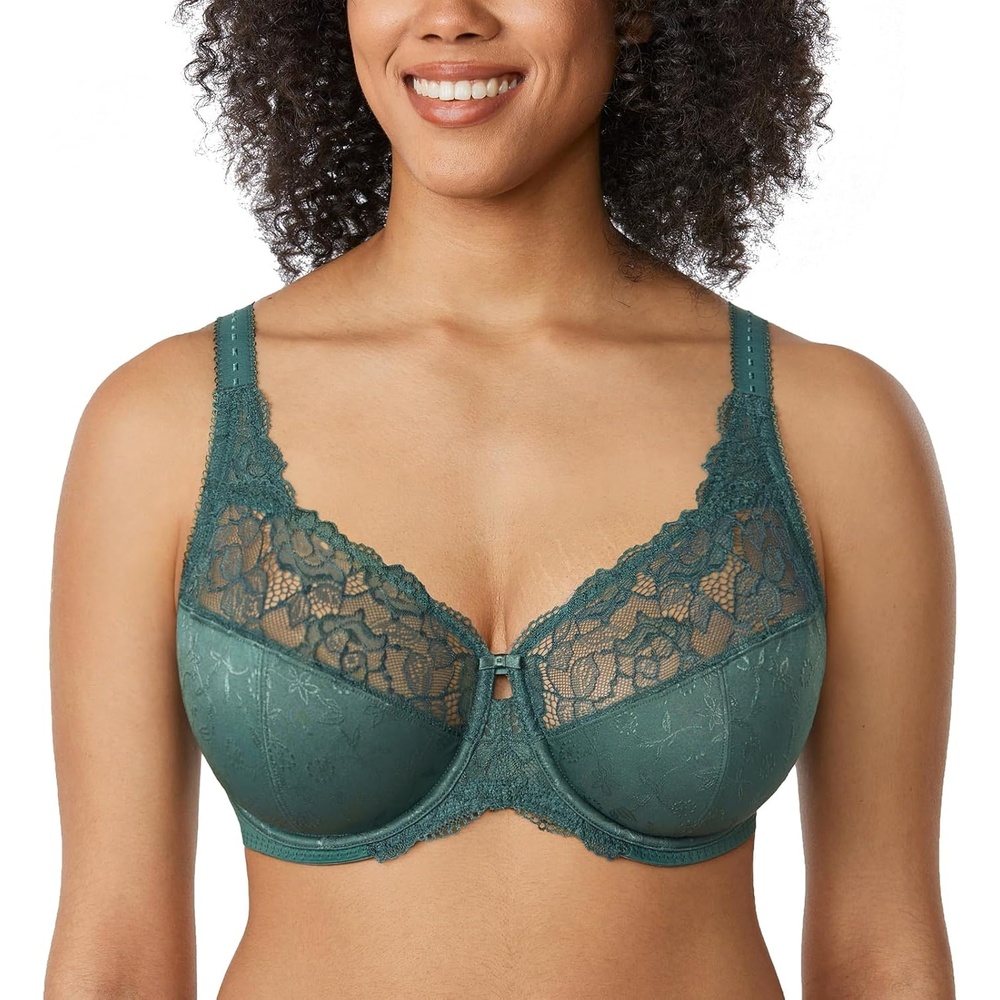 image:imageDELIMIRA Womens Plus Size Full Coverage Underwire Unlined Minimizer Lace BraMidnight Emerald