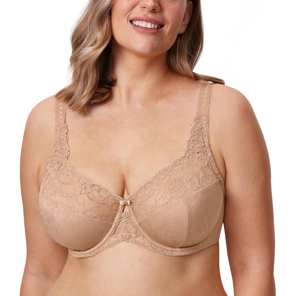 image:imageDELIMIRA Womens Plus Size Full Coverage Underwire Unlined Minimizer Lace BraNatural