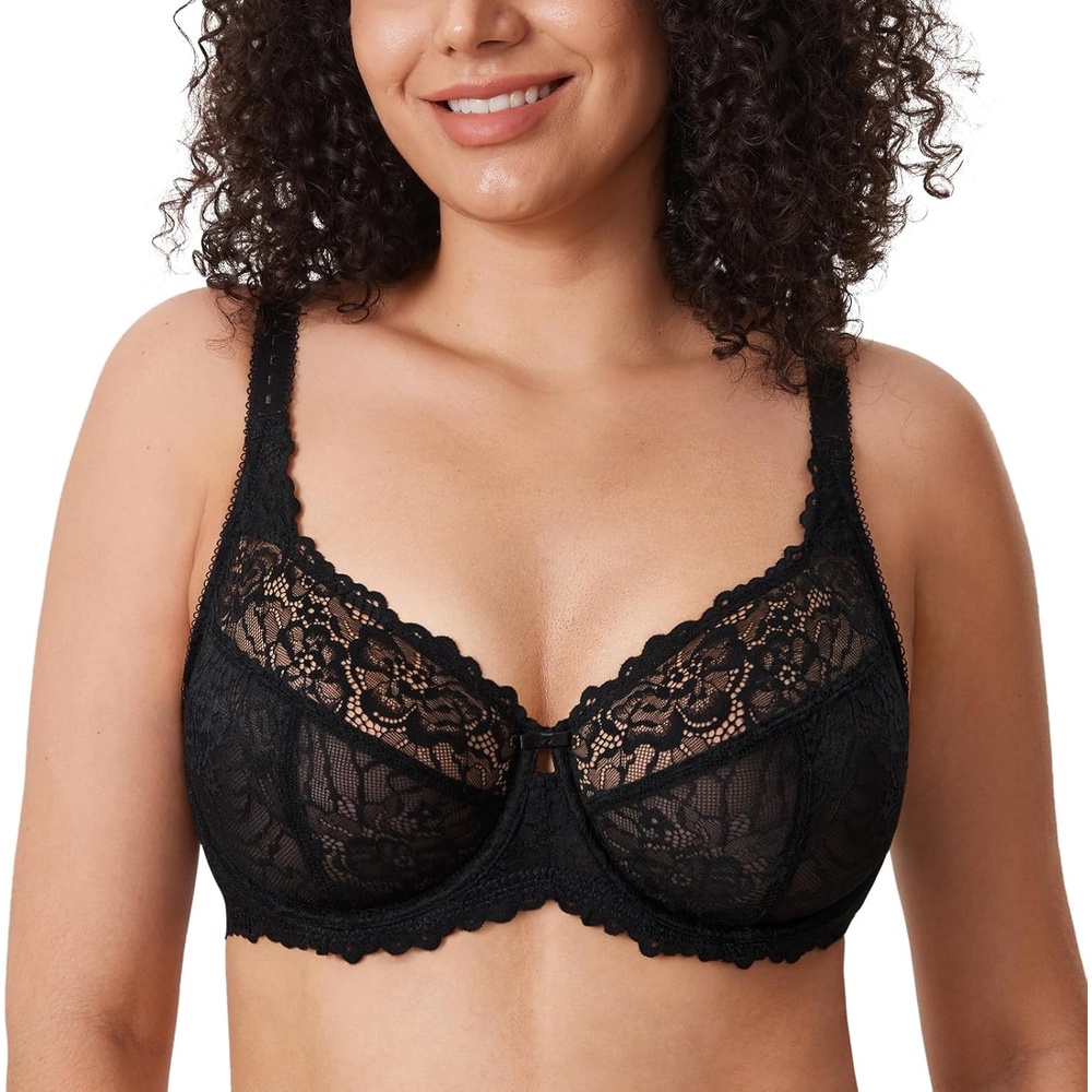 image:imageDELIMIRA Womens Plus Size Minimizer Bras Full Coverage Lace Unlined Underwire Bra BK CupsBlack