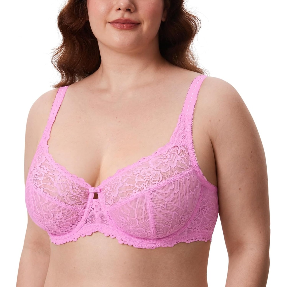 image:imageDELIMIRA Womens Plus Size Minimizer Bras Full Coverage Lace Unlined Underwire Bra BK CupsCandy Pink