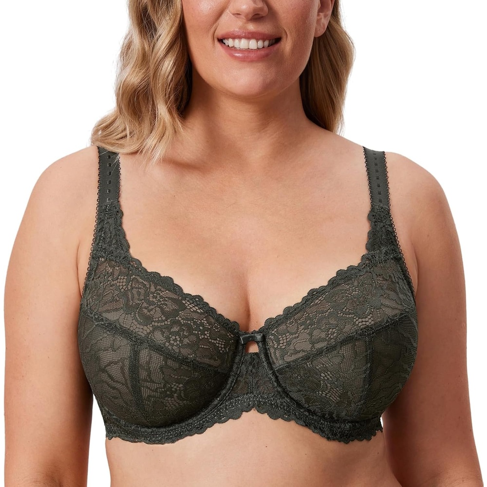 image:imageDELIMIRA Womens Plus Size Minimizer Bras Full Coverage Lace Unlined Underwire Bra BK CupsOlive Green