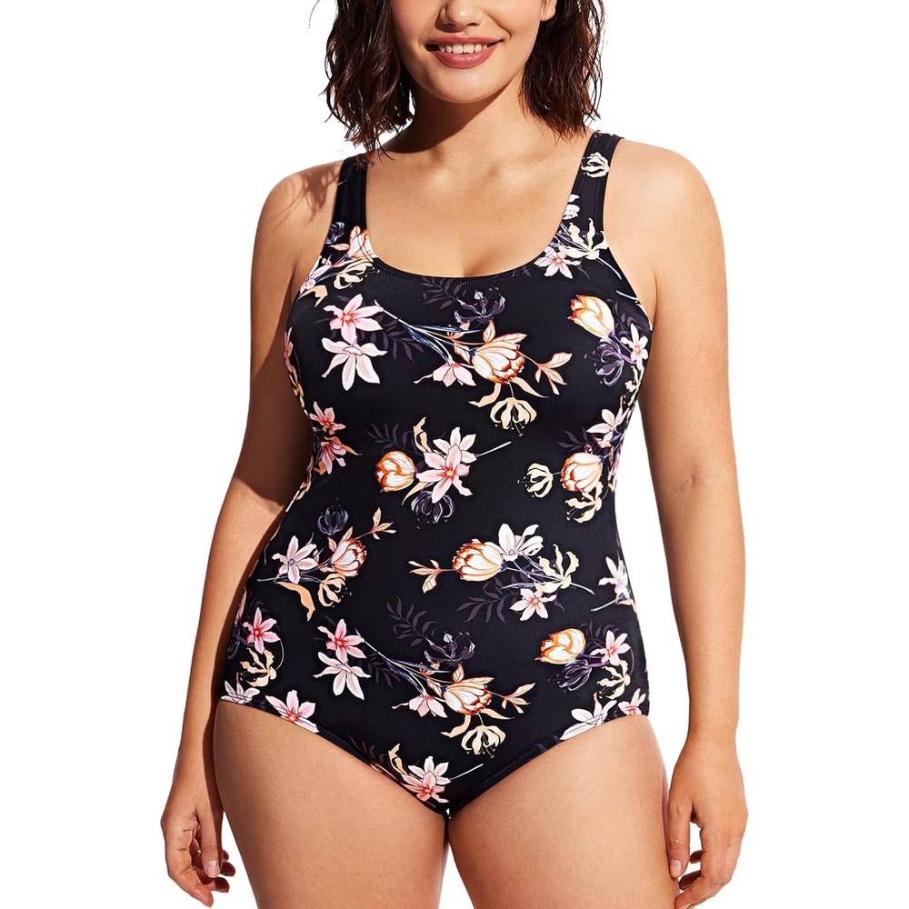 image:imageDELIMIRA Womens Plus Size Swimsuit One Piece Bathing Suit Backless Basic Modest SwimwearFlowers in Full Bloom