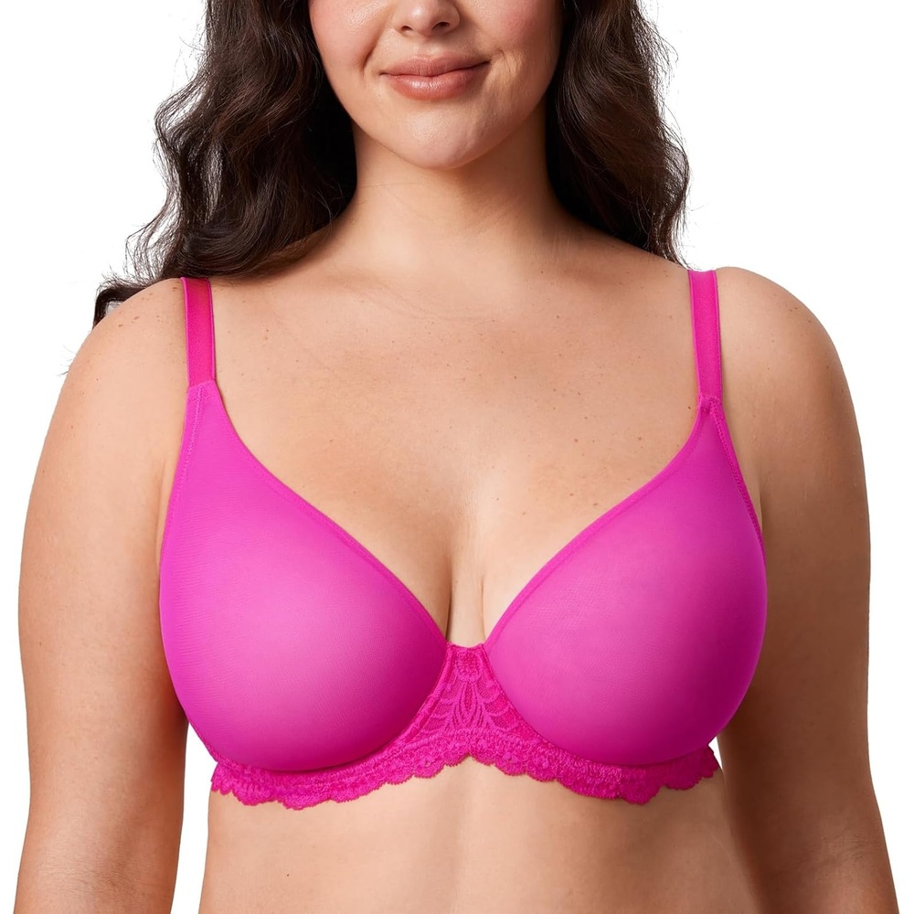 image:imageDELIMIRA Womens Sheer Mesh Bra See Through Plus Size Sexy Full Coverage Underwire Unlined BrasGlitter Pink