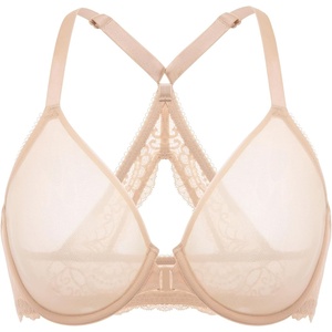 image:imageDELIMIRA Womens Front Closure Bras Racerback Sheer See Through Full Coverage Plus Size Underwire Unlined BraBeige