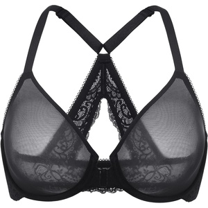 image:imageDELIMIRA Womens Front Closure Bras Racerback Sheer See Through Full Coverage Plus Size Underwire Unlined BraBlack