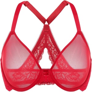 image:imageDELIMIRA Womens Front Closure Bras Racerback Sheer See Through Full Coverage Plus Size Underwire Unlined BraLipstick Red