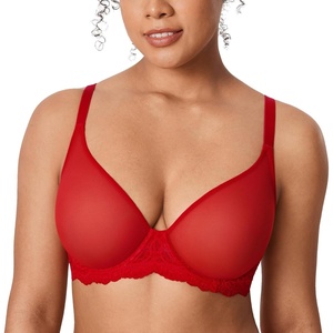 image:imageDELIMIRA Womens Sheer Mesh Bra See Through Plus Size Sexy Full Coverage Underwire Unlined BrasLipstick Red