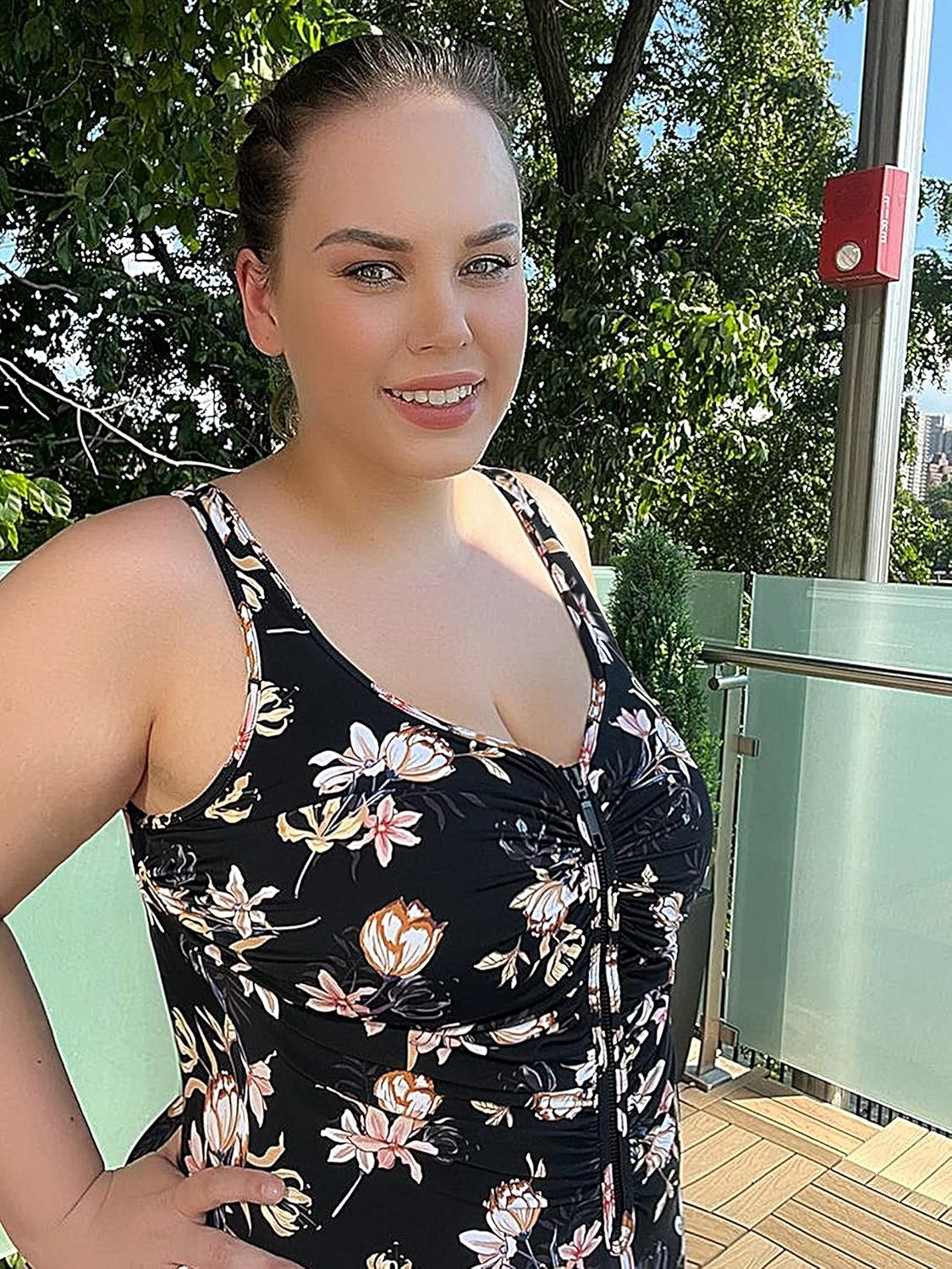 image:imageDELIMIRA Womens One Piece Bathing Suit Plus Size Swimsuit Tummy Control Front Zipper SwimwearFlowers in Full Bloom