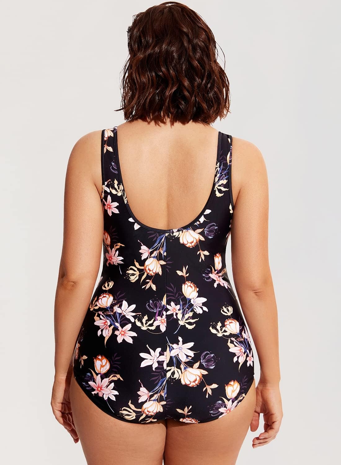 image:imageDELIMIRA Womens One Piece Bathing Suit Plus Size Swimsuit Tummy Control Front Zipper SwimwearFlowers in Full Bloom