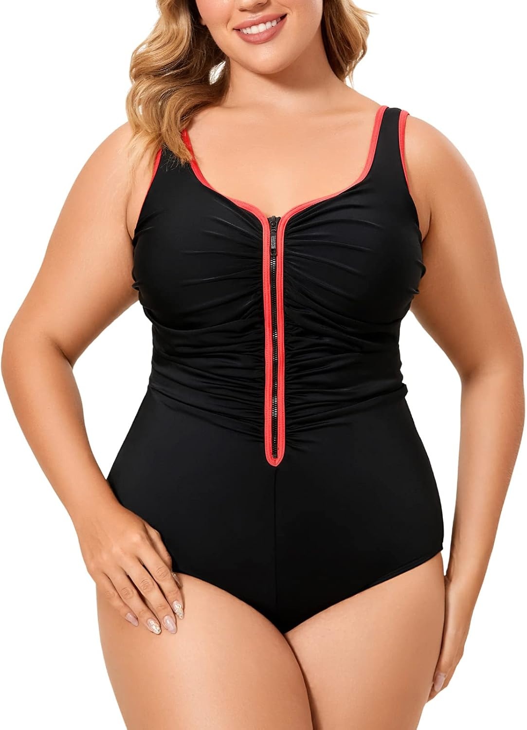 image:imageDELIMIRA Womens One Piece Bathing Suit Plus Size Swimsuit Tummy Control Front Zipper SwimwearMulti Color 36