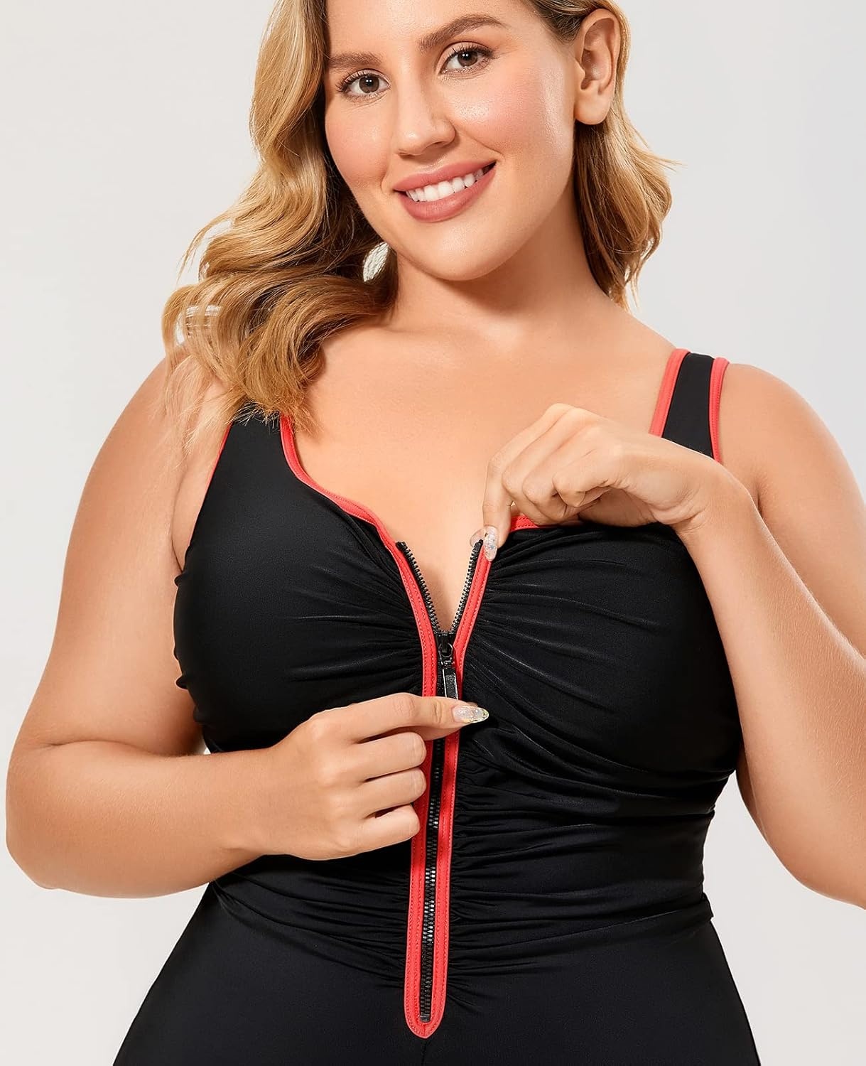 image:imageDELIMIRA Womens One Piece Bathing Suit Plus Size Swimsuit Tummy Control Front Zipper SwimwearMulti Color 36