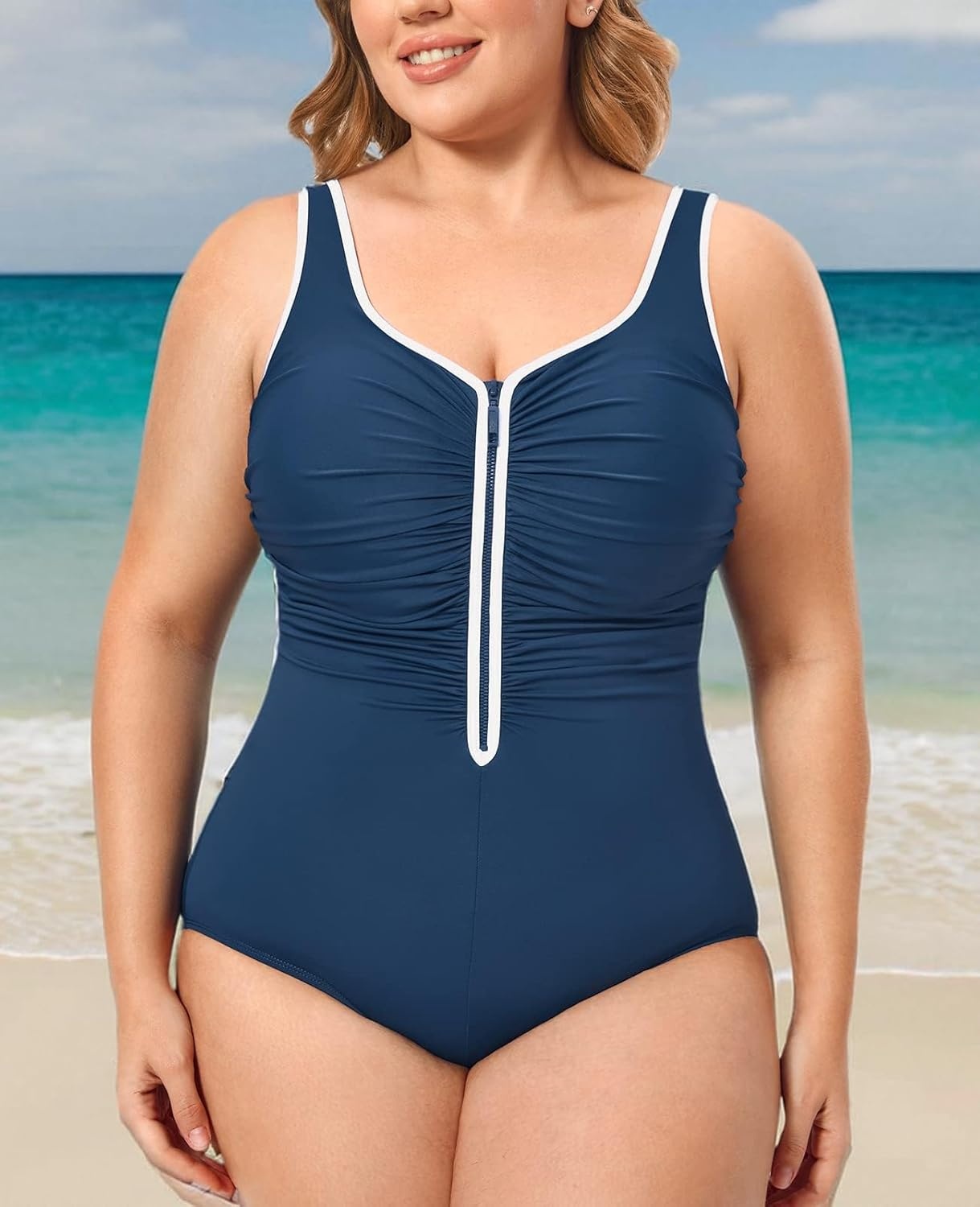 image:imageDELIMIRA Womens One Piece Bathing Suit Plus Size Swimsuit Tummy Control Front Zipper SwimwearNavynew