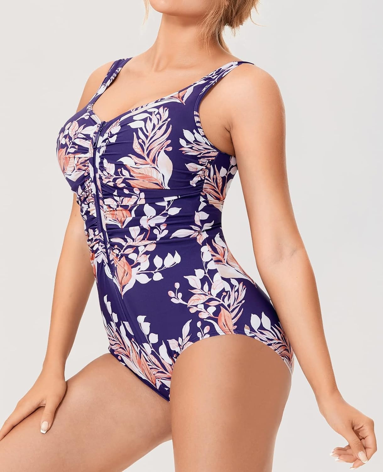 image:imageDELIMIRA Womens One Piece Bathing Suit Plus Size Swimsuit Tummy Control Front Zipper SwimwearViolet Dew Condensation