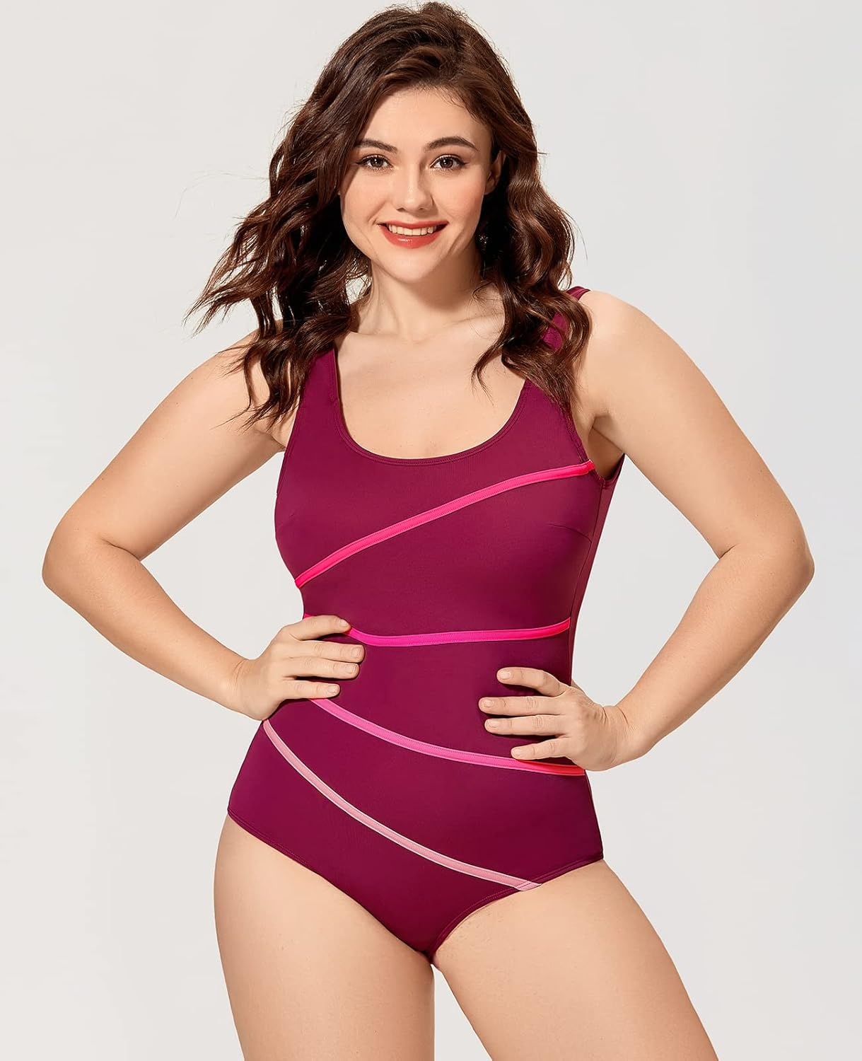 image:imageDELIMIRA Womens Striped One Piece Swimsuit Plus Size Swimwear Modest Bathing SuitsDark Red