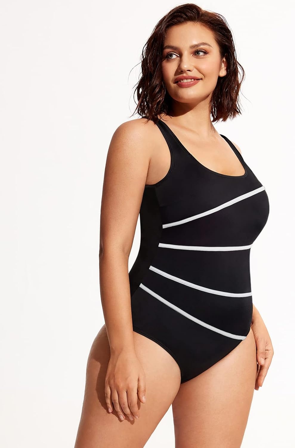 image:imageDELIMIRA Womens Striped One Piece Swimsuit Plus Size Swimwear Modest Bathing SuitsMulticoloured 2