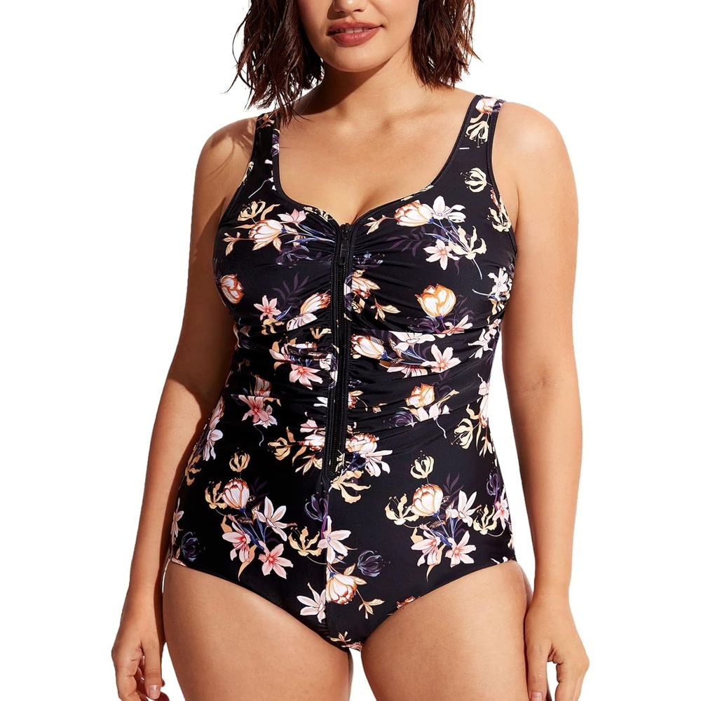 image:imageDELIMIRA Womens One Piece Bathing Suit Plus Size Swimsuit Tummy Control Front Zipper SwimwearFlowers in Full Bloom