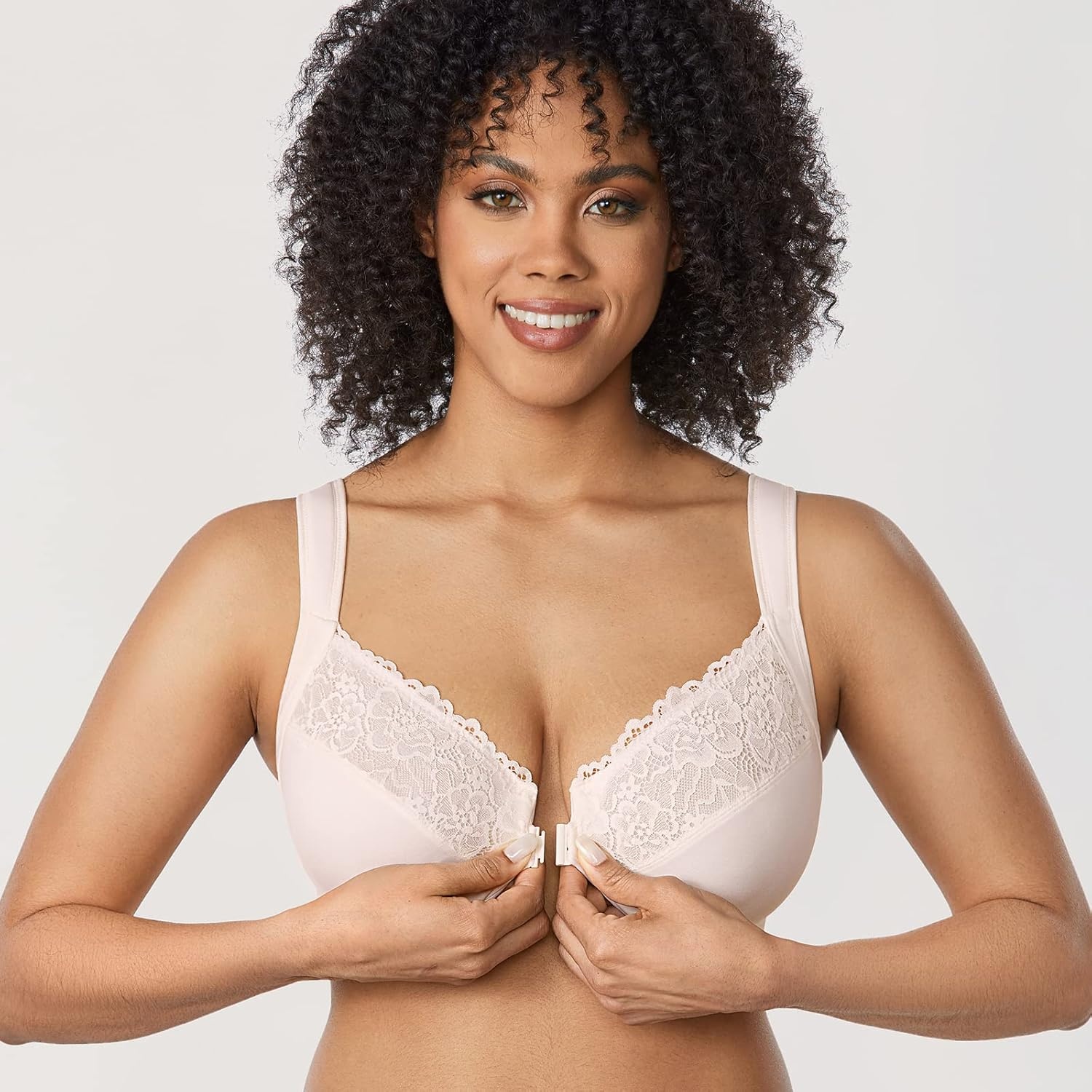 image:imageDELIMIRA Womens Front Closure Bras Plus Size Full Coverage Underwire Unlined Supportive Lace BraCoconut White