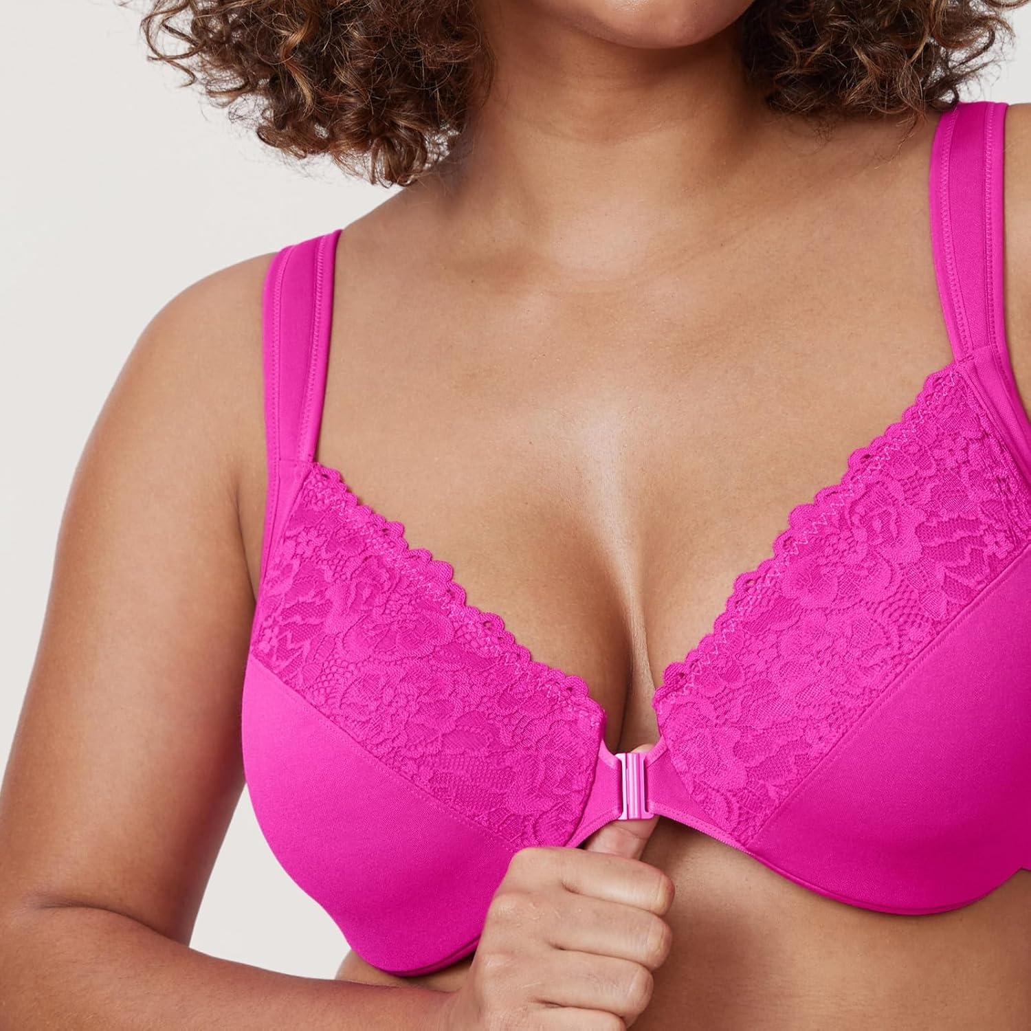 image:imageDELIMIRA Womens Front Closure Bras Plus Size Full Coverage Underwire Unlined Supportive Lace BraGlitter Pink