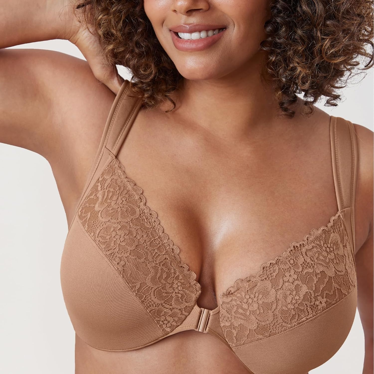 image:imageDELIMIRA Womens Front Closure Bras Plus Size Full Coverage Underwire Unlined Supportive Lace BraGravel Beige