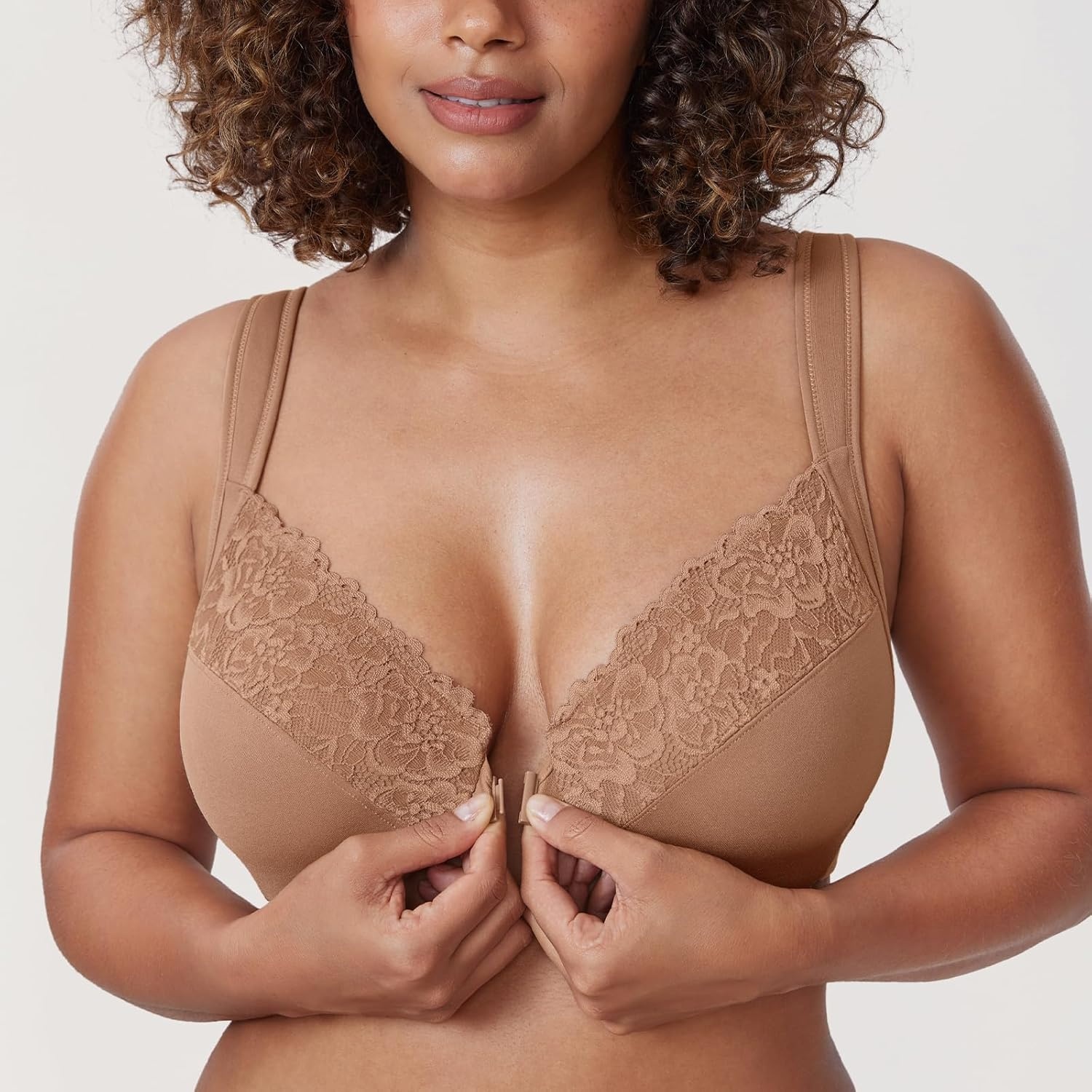 image:imageDELIMIRA Womens Front Closure Bras Plus Size Full Coverage Underwire Unlined Supportive Lace BraGravel Beige