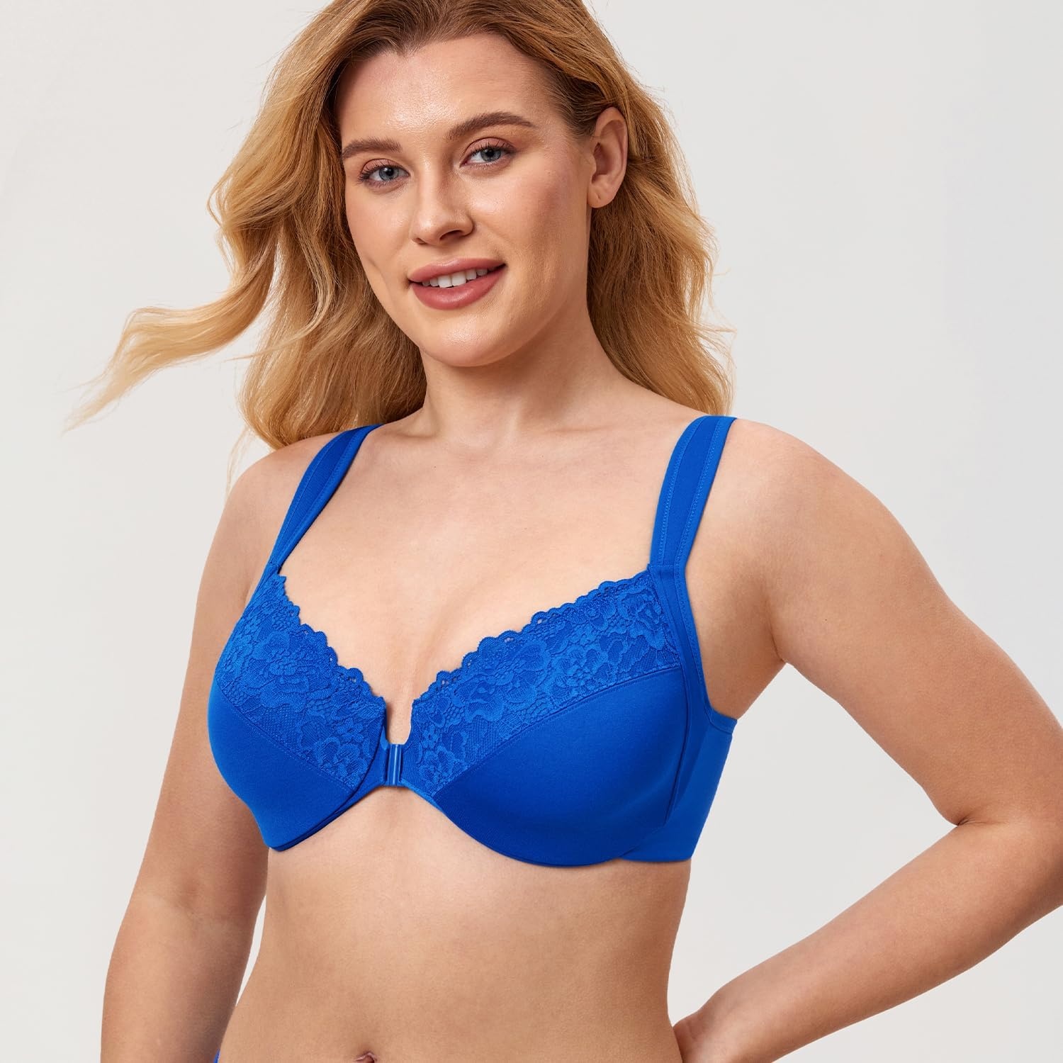 image:imageDELIMIRA Womens Front Closure Bras Plus Size Full Coverage Underwire Unlined Supportive Lace BraSparkle Blue