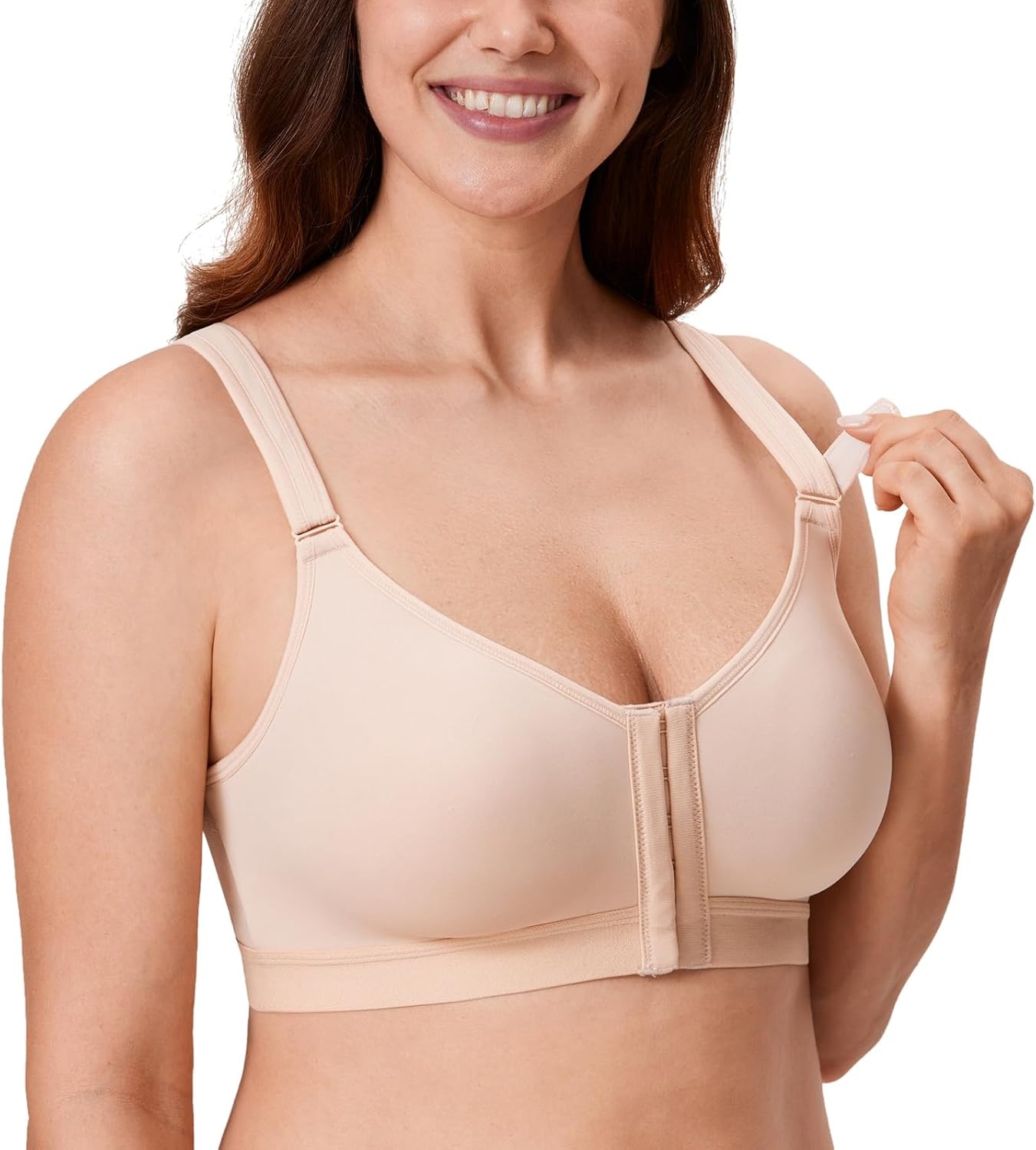image:imageDELIMIRA Womens Front Closure Bras Posture Full Coverage No Underwire Unlined Back Support BraBeige