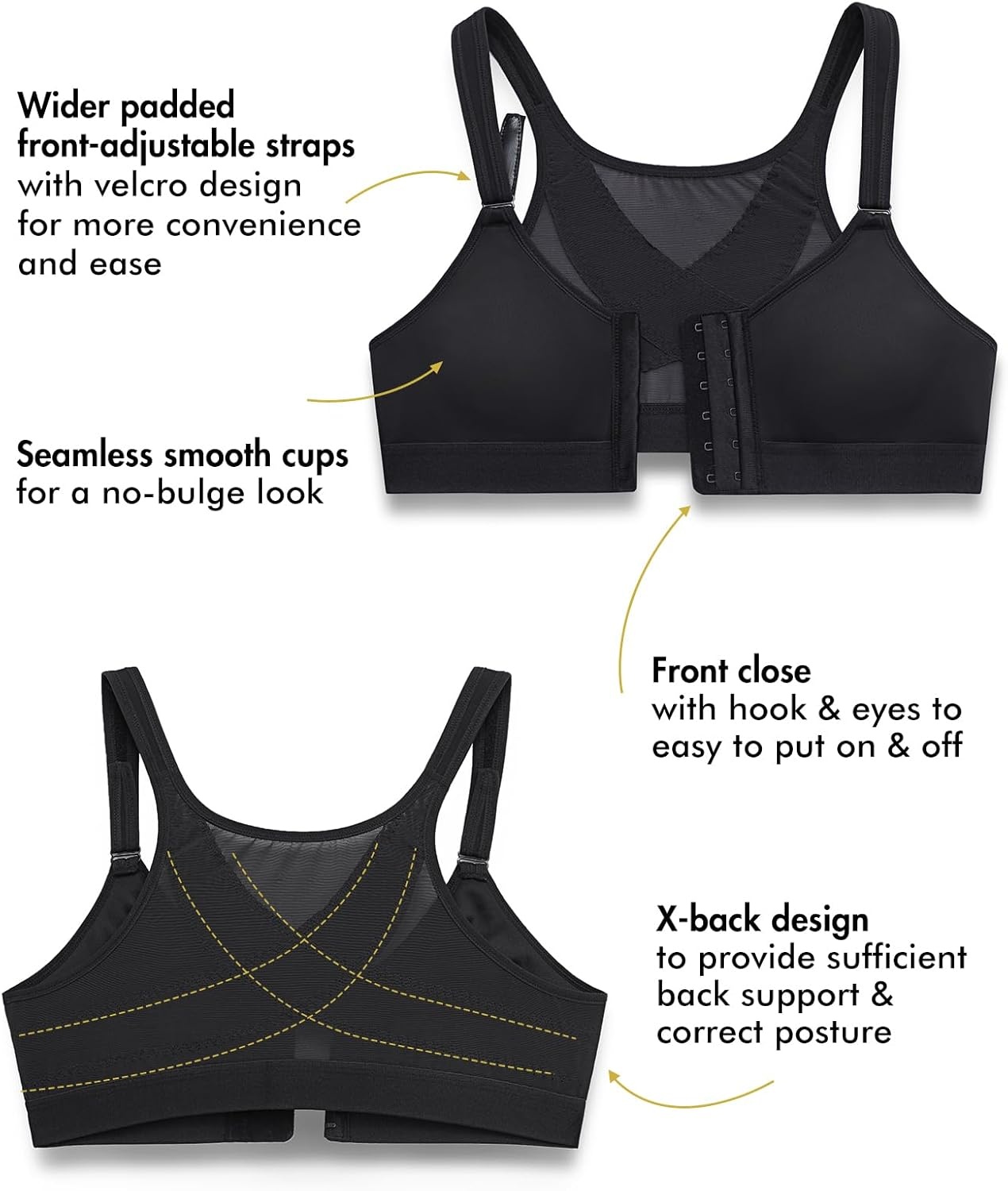 image:imageDELIMIRA Womens Front Closure Bras Posture Full Coverage No Underwire Unlined Back Support BraBlack