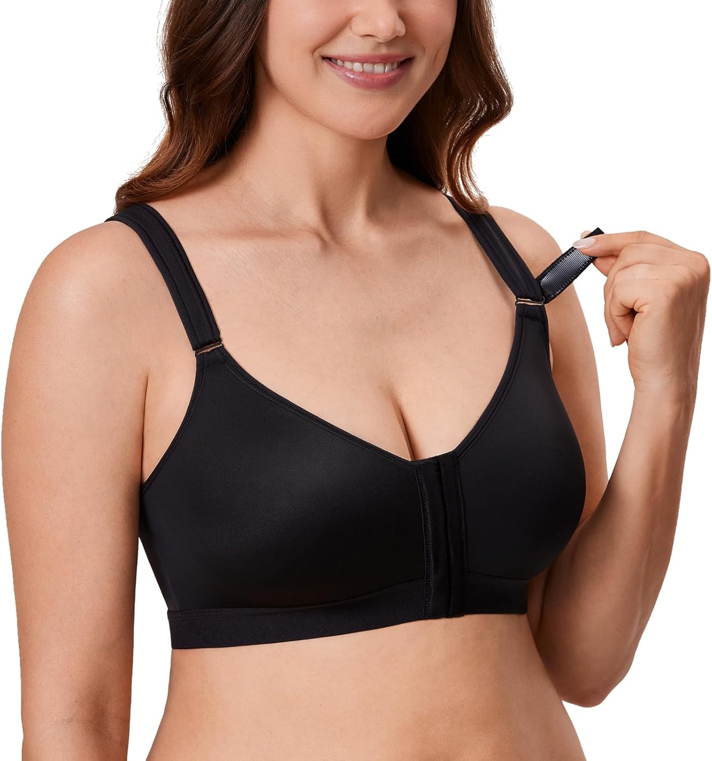 image:imageDELIMIRA Womens Front Closure Bras Posture Full Coverage No Underwire Unlined Back Support BraBlack