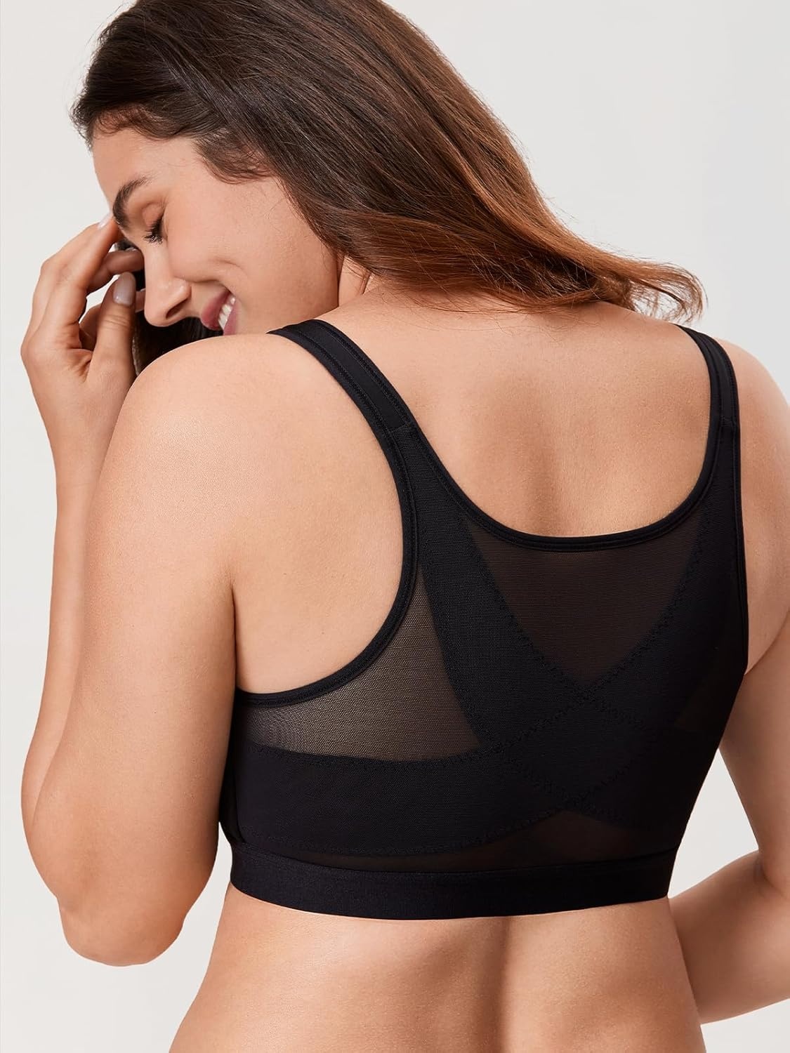 image:imageDELIMIRA Womens Front Closure Bras Posture Full Coverage No Underwire Unlined Back Support BraBlack