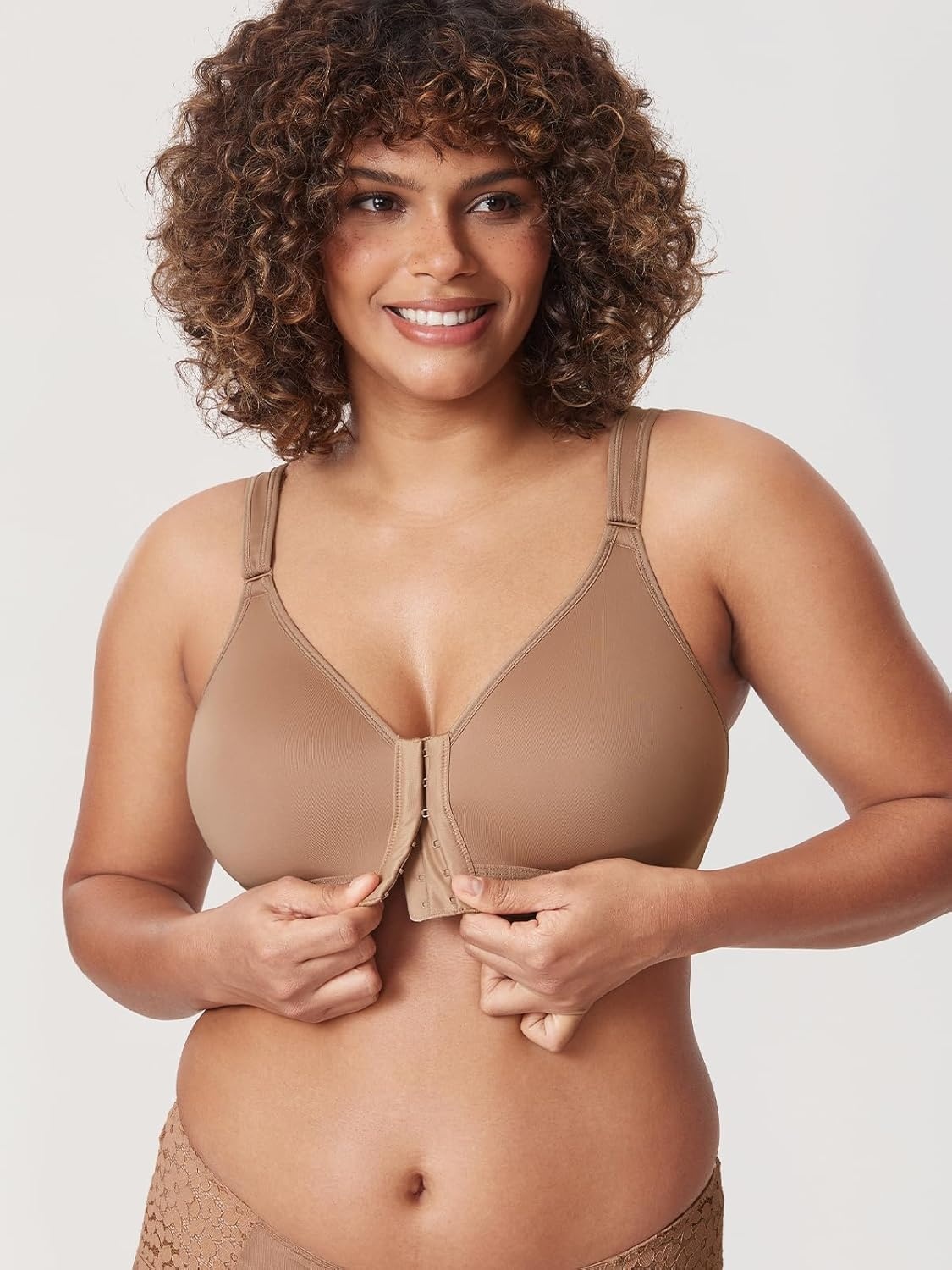image:imageDELIMIRA Womens Front Closure Bras Posture Full Coverage No Underwire Unlined Back Support BraGravel Beige