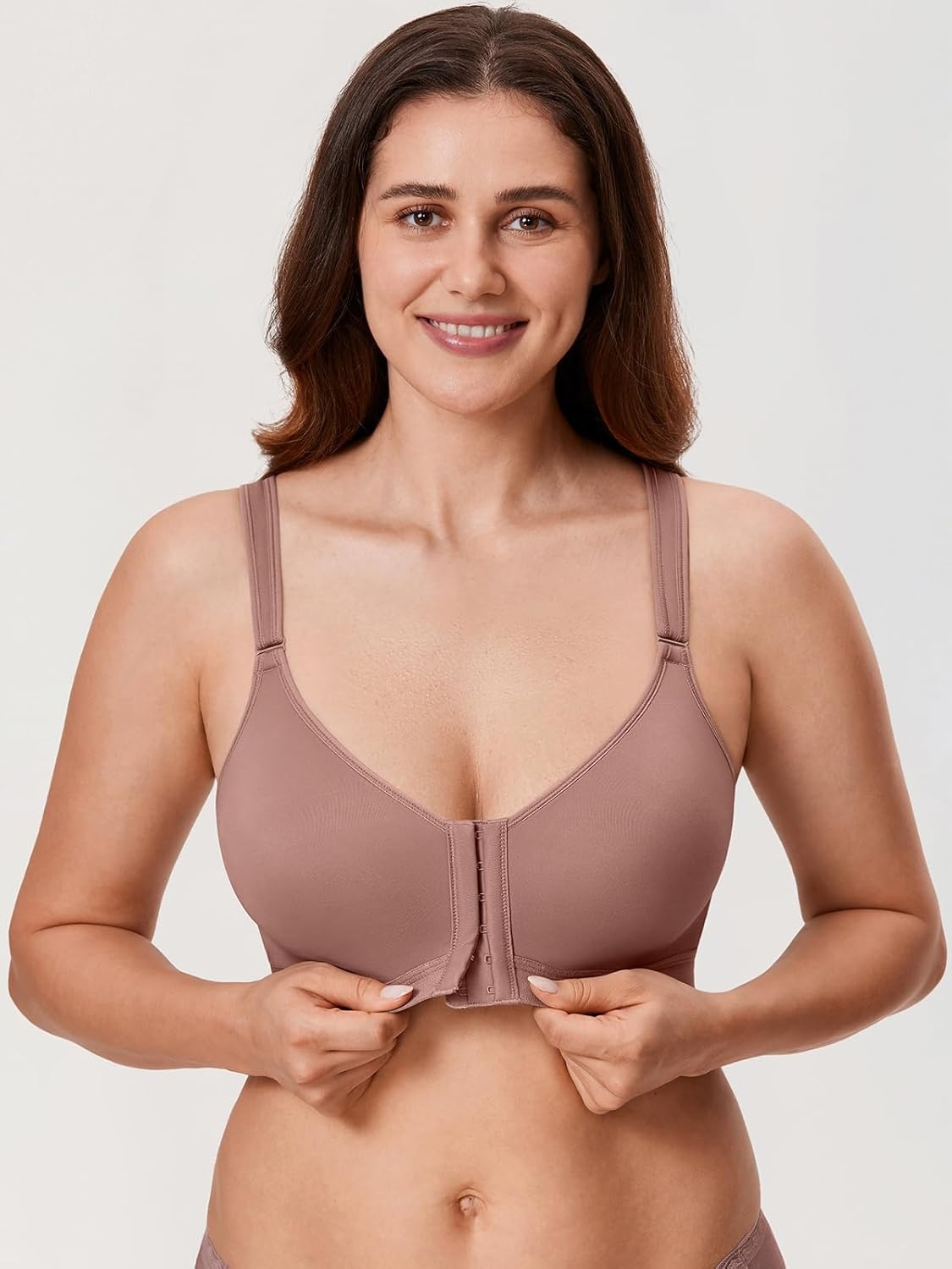 image:imageDELIMIRA Womens Front Closure Bras Posture Full Coverage No Underwire Unlined Back Support BraMochaccino