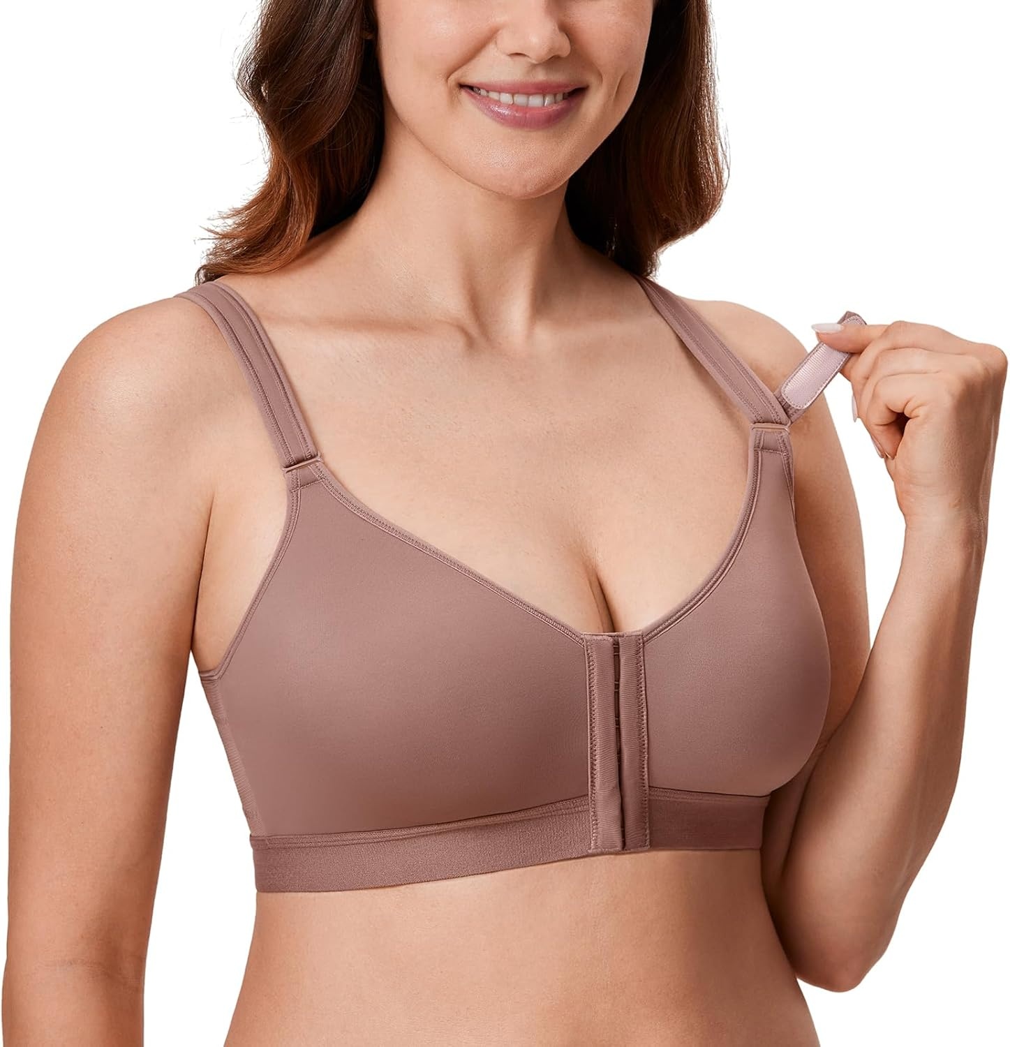 image:imageDELIMIRA Womens Front Closure Bras Posture Full Coverage No Underwire Unlined Back Support BraMochaccino