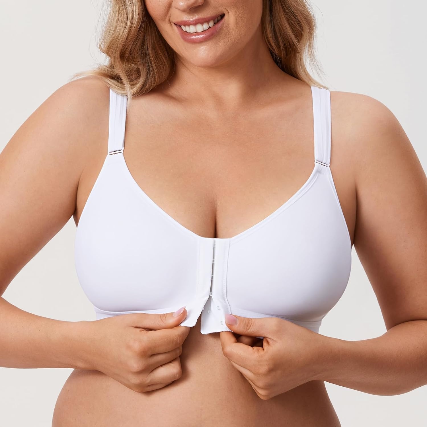 image:imageDELIMIRA Womens Front Closure Bras Posture Full Coverage No Underwire Unlined Back Support BraWhite