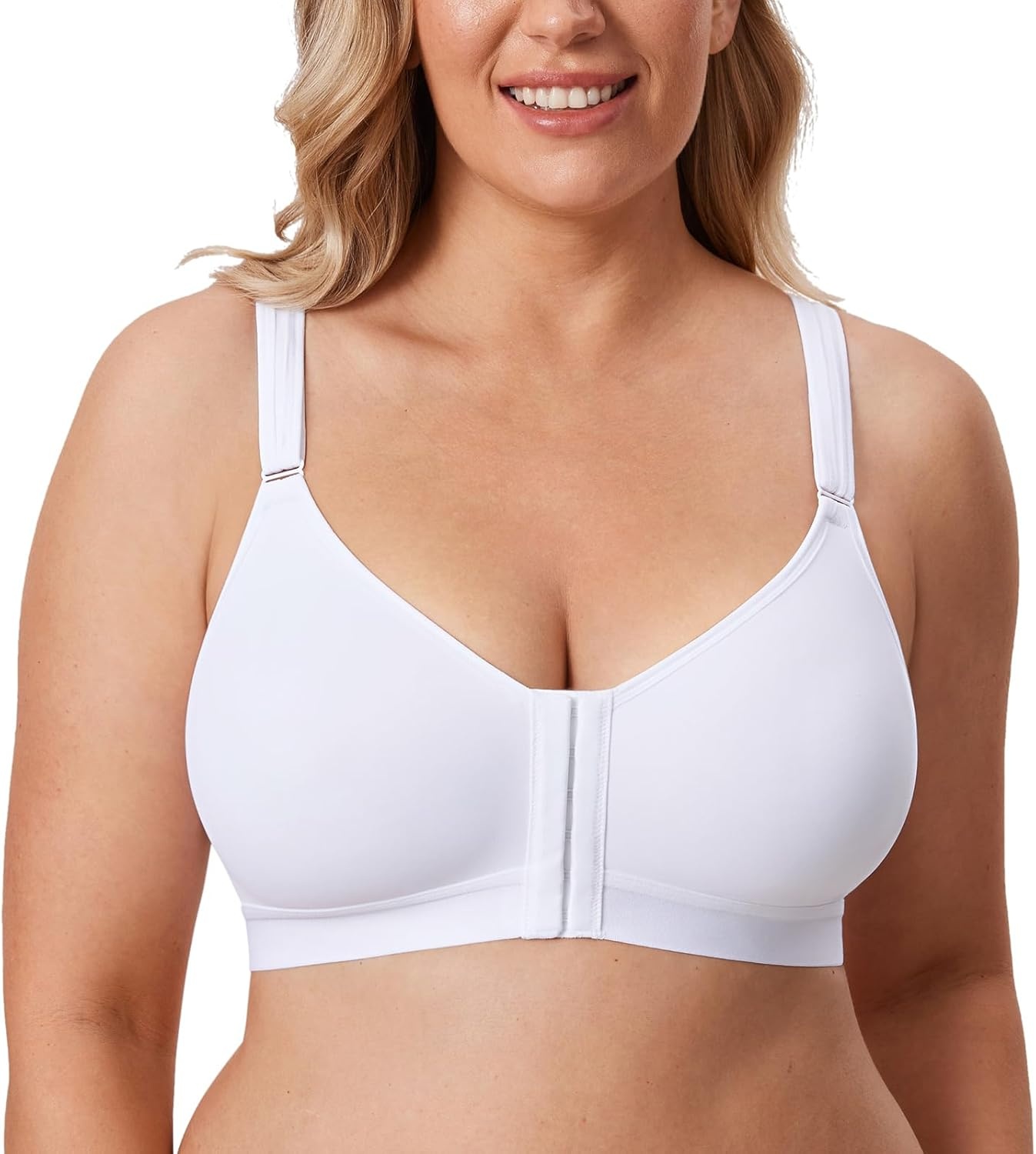 image:imageDELIMIRA Womens Front Closure Bras Posture Full Coverage No Underwire Unlined Back Support BraWhite