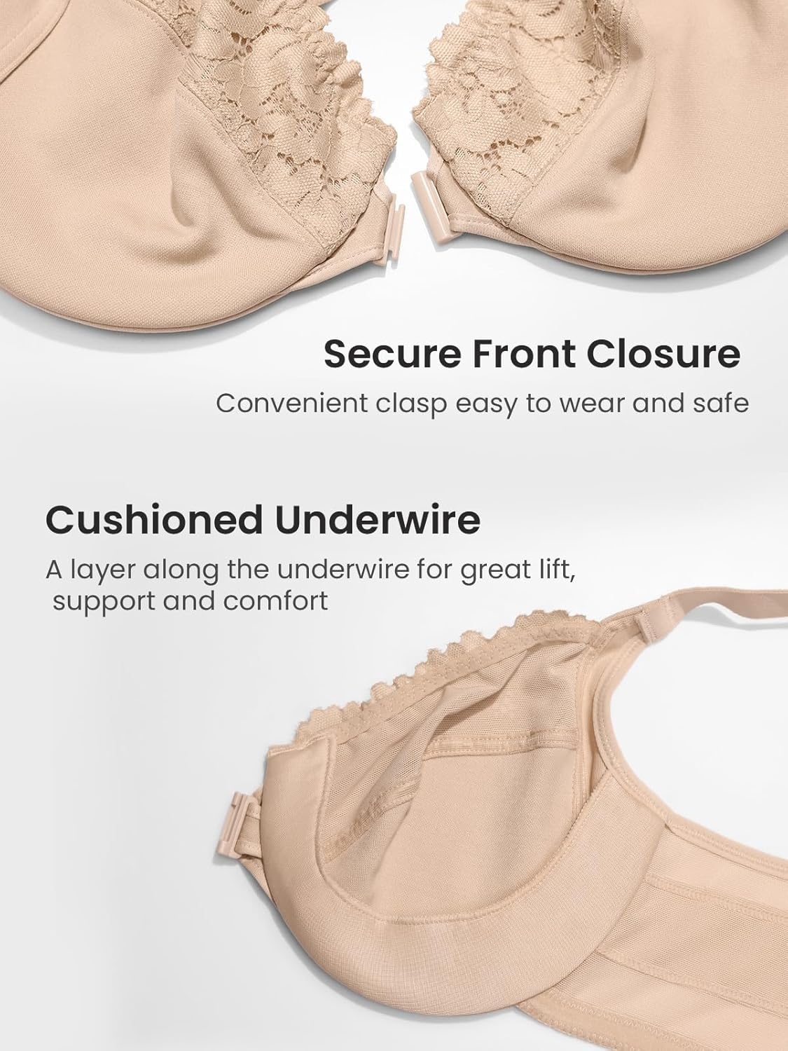 image:imageDELIMIRA Womens Front Closure Bras Posture Full Coverage Plus Size Lace Underwire Unlined BraBeige