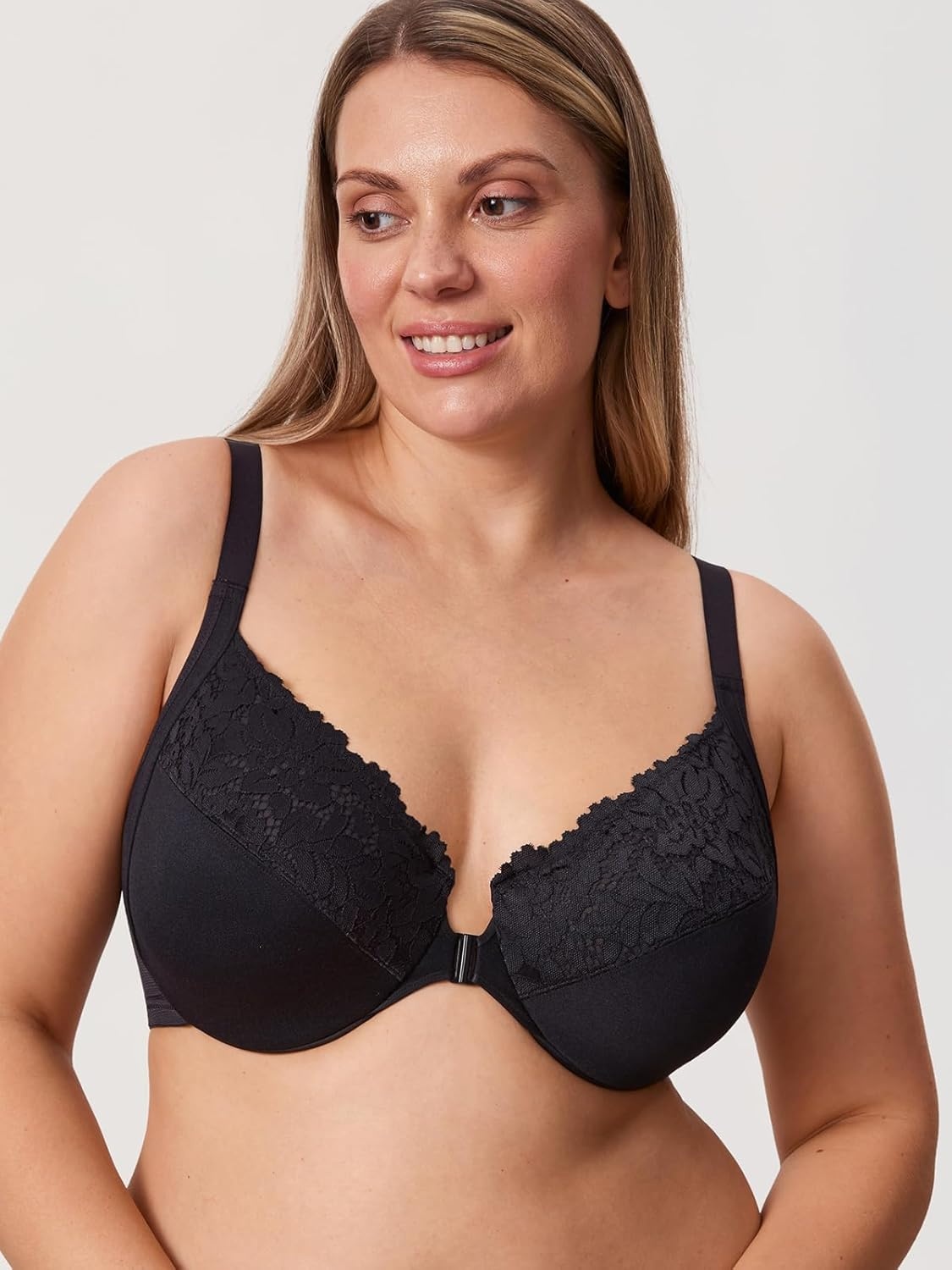 image:imageDELIMIRA Womens Front Closure Bras Posture Full Coverage Plus Size Lace Underwire Unlined BraBlack