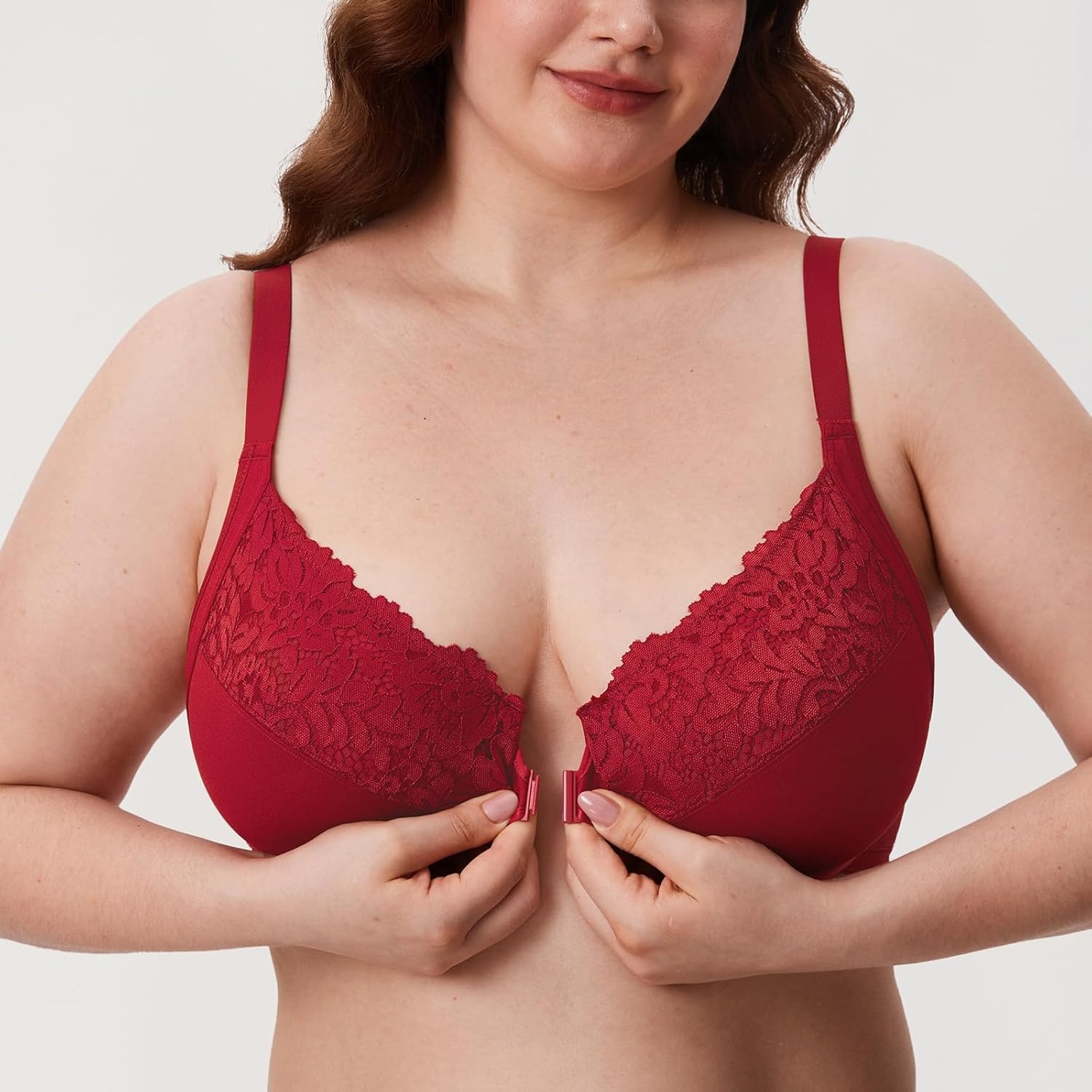 image:imageDELIMIRA Womens Front Closure Bras Posture Full Coverage Plus Size Lace Underwire Unlined BraDark Red