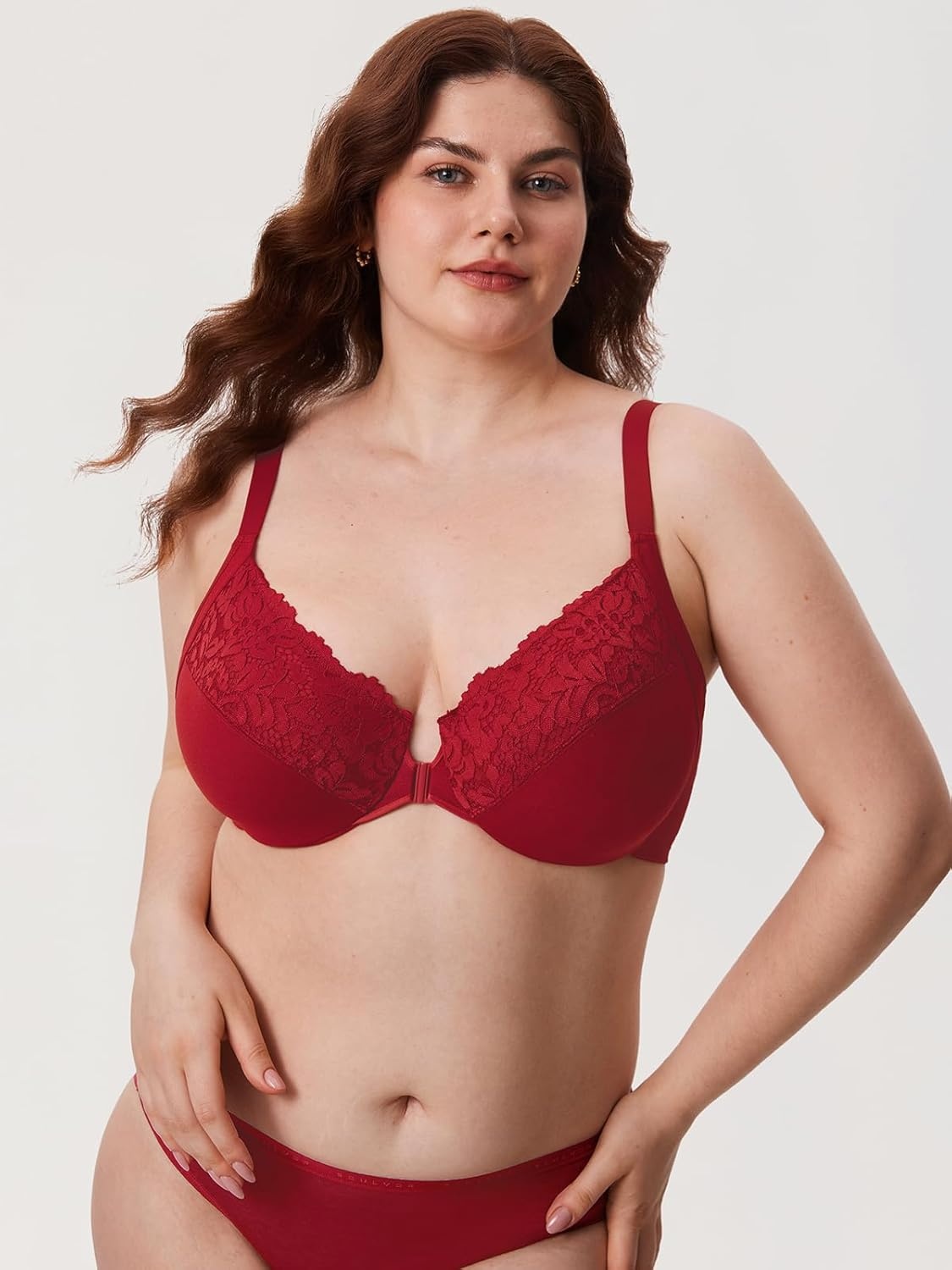 image:imageDELIMIRA Womens Front Closure Bras Posture Full Coverage Plus Size Lace Underwire Unlined BraDark Red