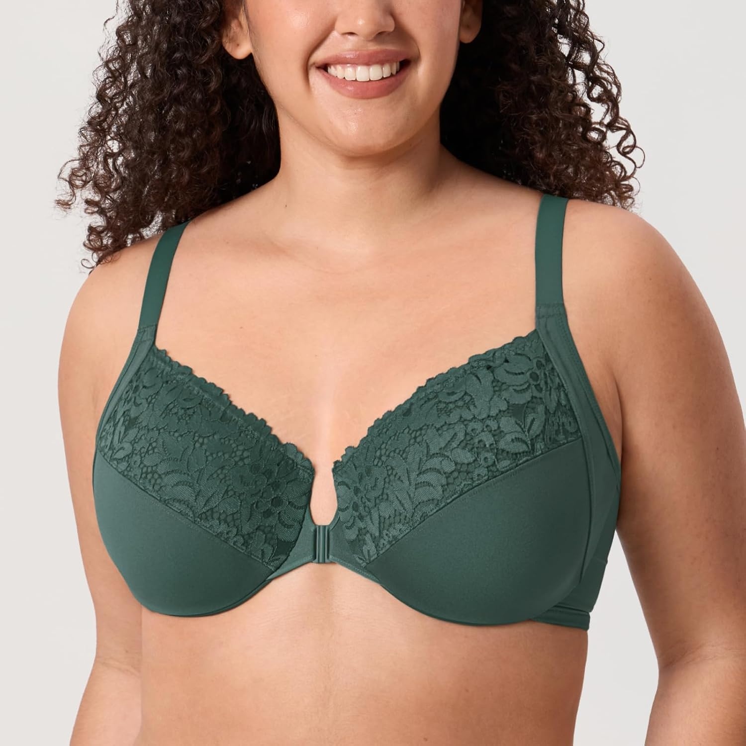 image:imageDELIMIRA Womens Front Closure Bras Posture Full Coverage Plus Size Lace Underwire Unlined BraMidnight Emerald